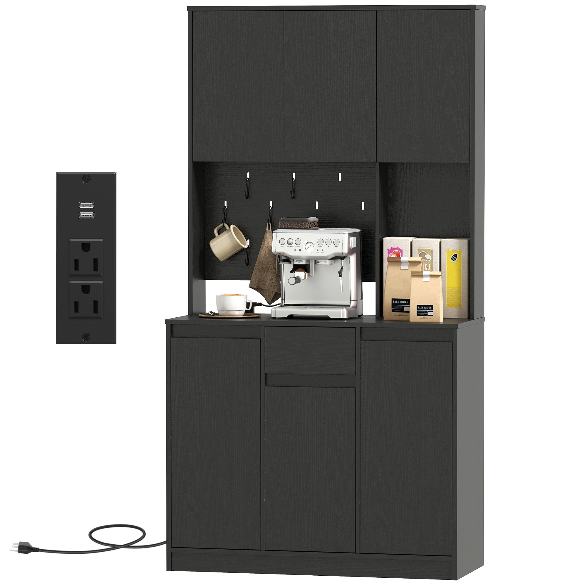 71" Kitchen Pantry Cabinet with Charging, Microwave Stand & Pegboard - Black-DECOROLALA