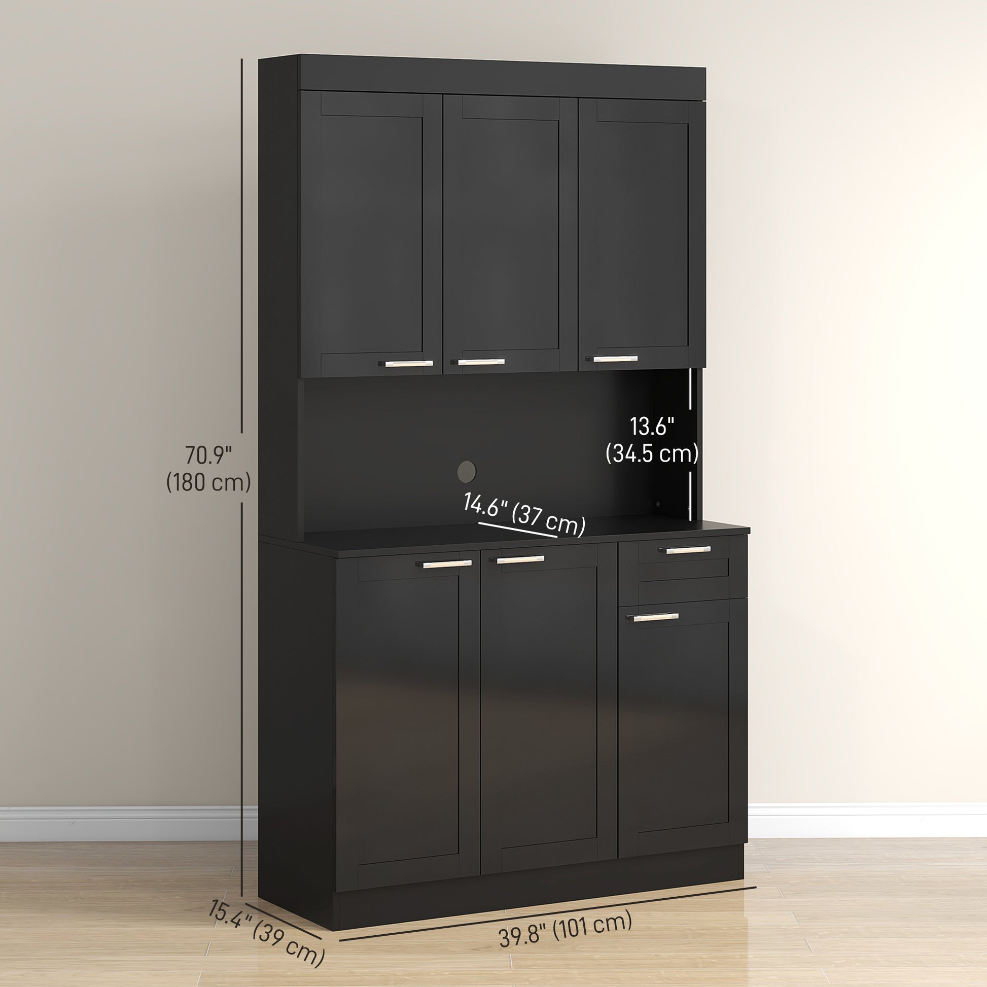 71" Kitchen Storage Cabinet, High Gloss Black with Adjustable Shelves-DECOROLALA
