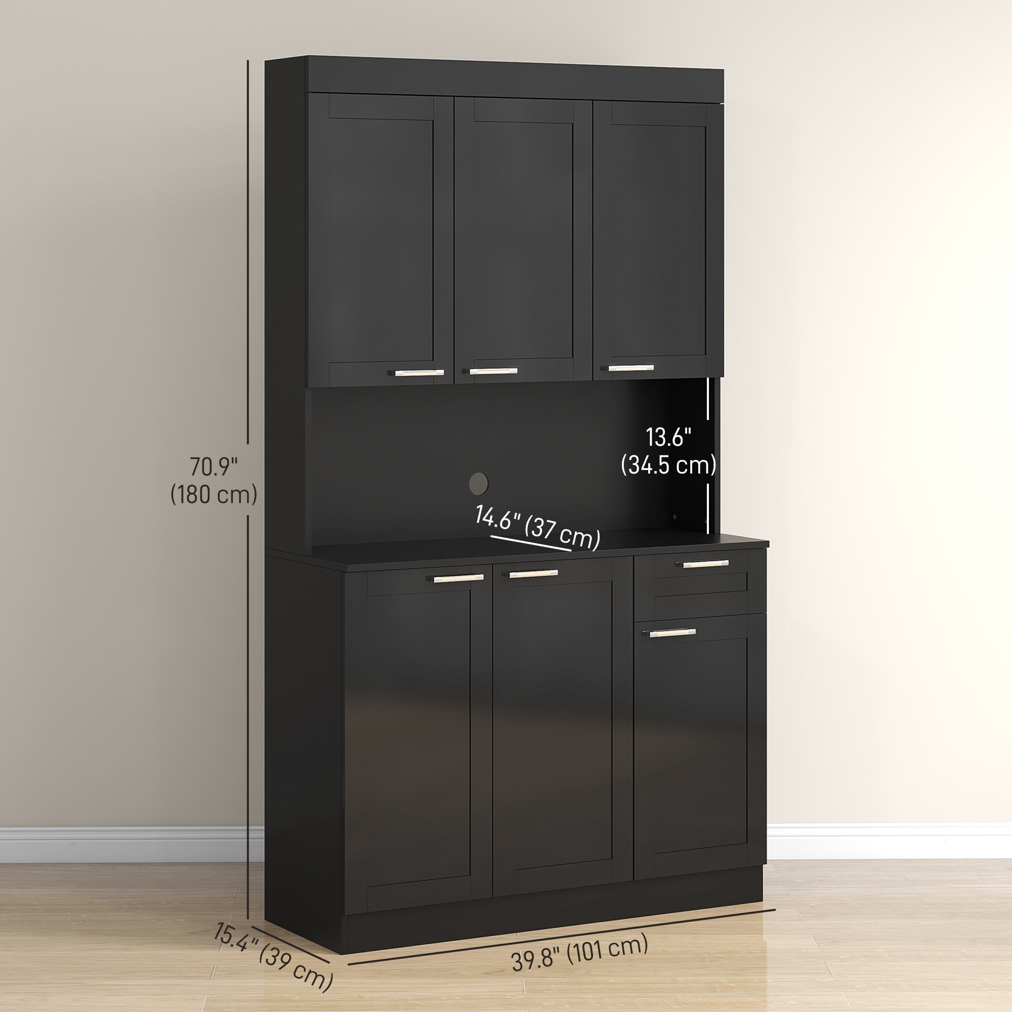 71" Kitchen Storage Cabinet, High Gloss Black with Adjustable Shelves-DECOROLALA