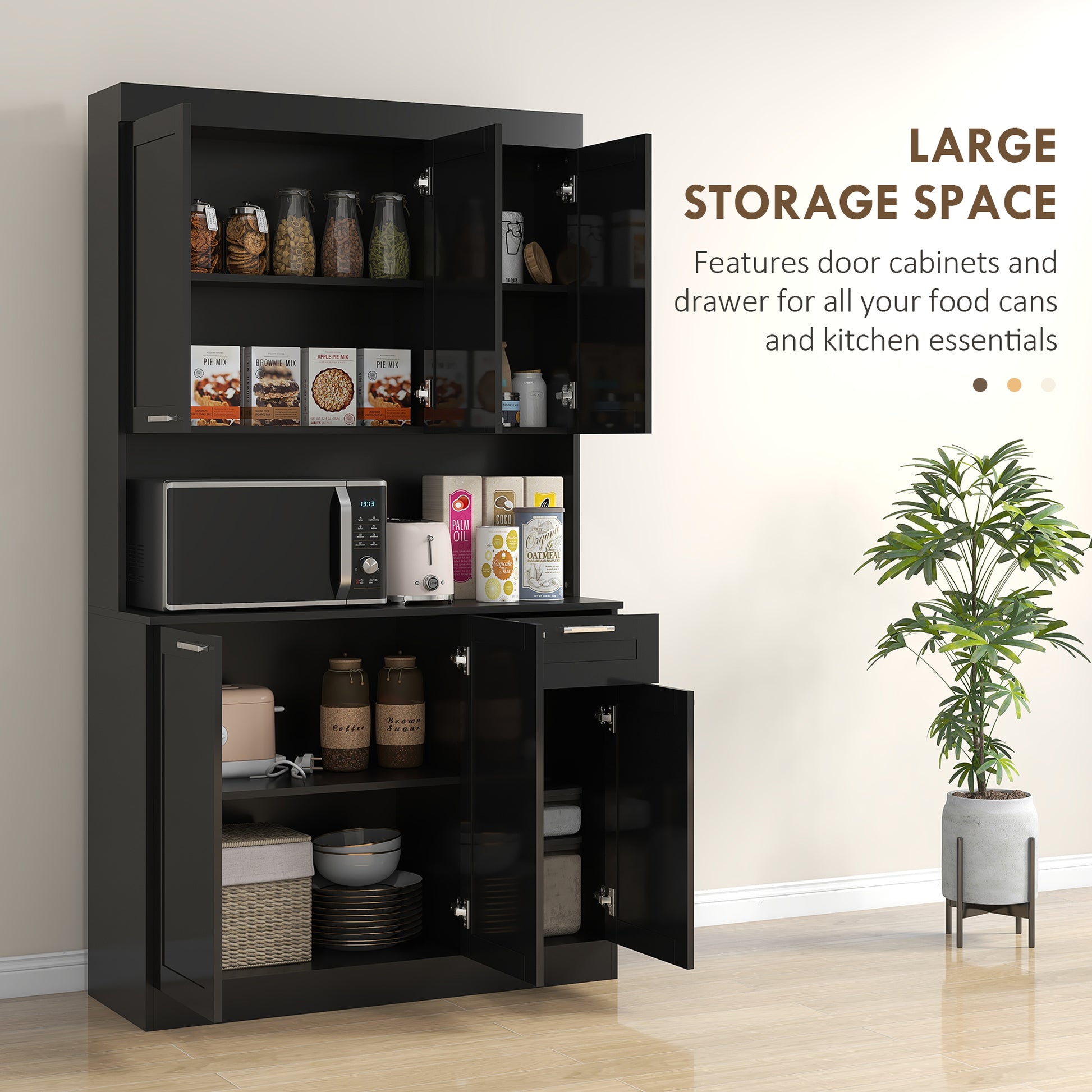 71" Kitchen Storage Cabinet, High Gloss Black with Adjustable Shelves-DECOROLALA
