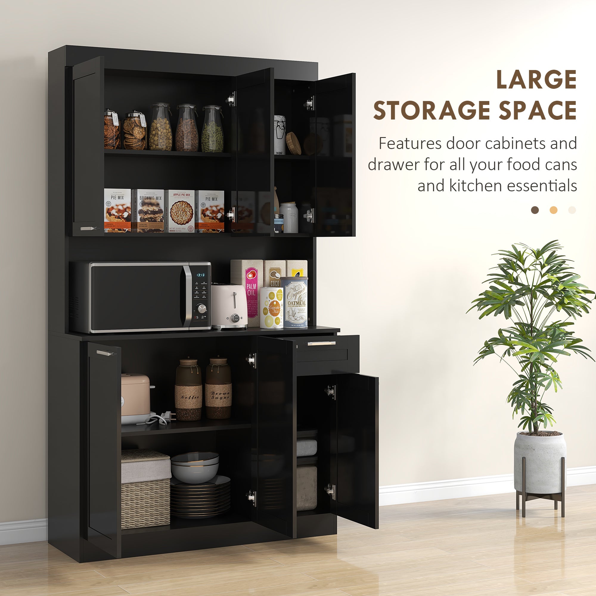 71" Kitchen Storage Cabinet, High Gloss Black with Adjustable Shelves-DECOROLALA
