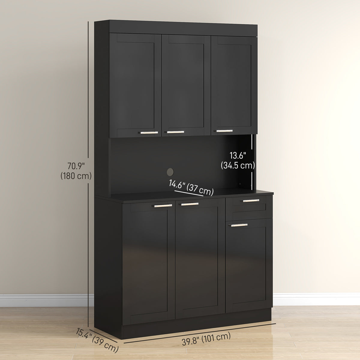 71" Kitchen Storage Cabinet, High Gloss Black with Adjustable Shelves-DECOROLALA