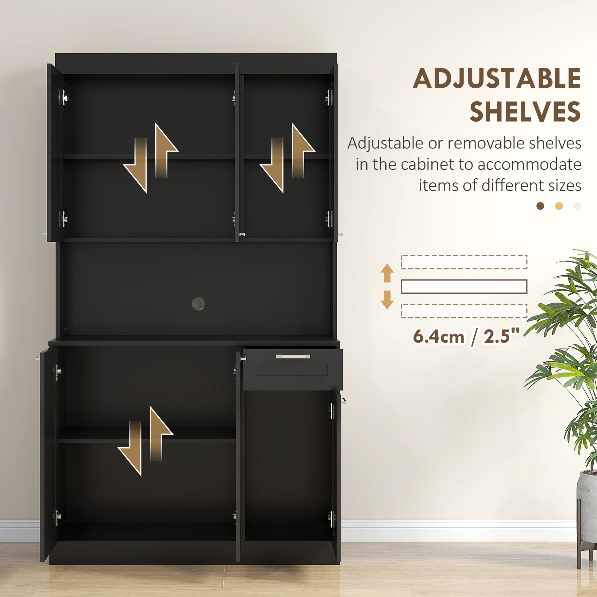 71" Kitchen Storage Cabinet, High Gloss Black with Adjustable Shelves-DECOROLALA