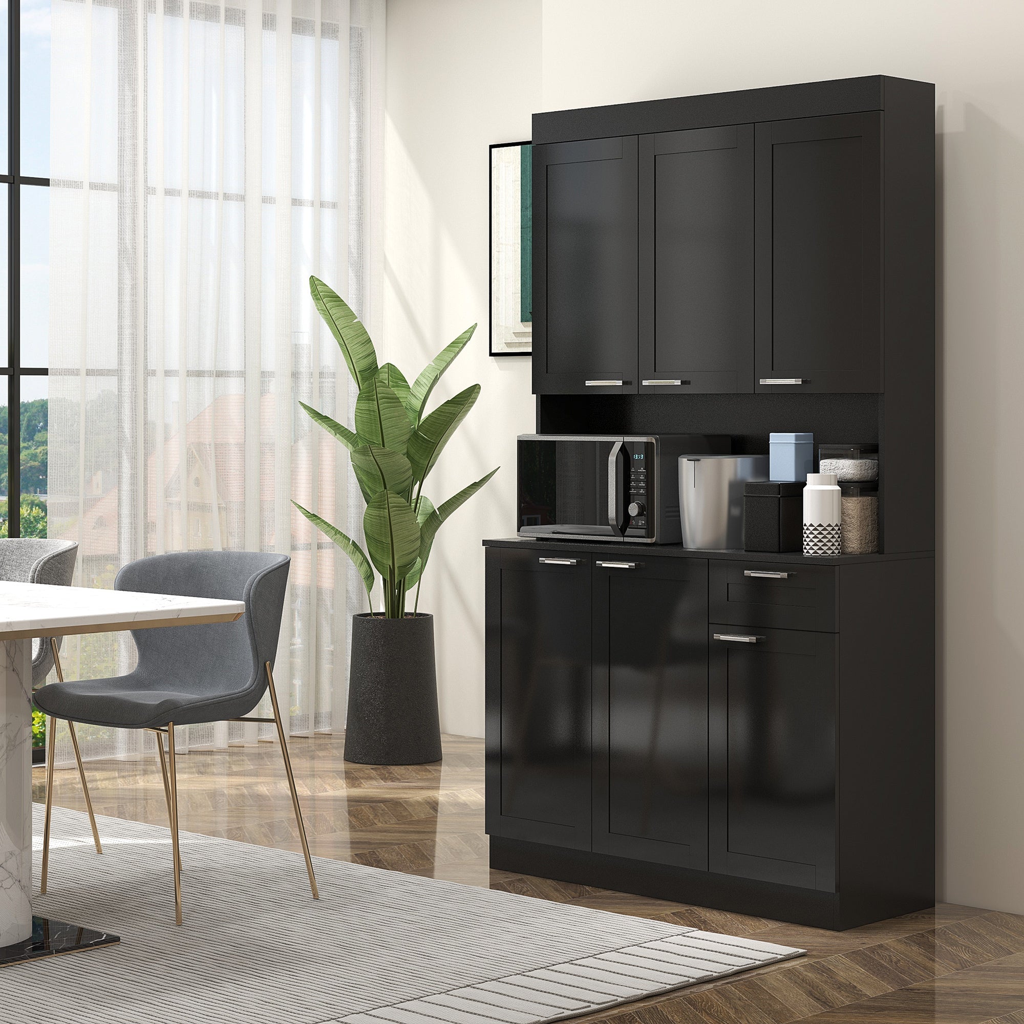 71" Kitchen Storage Cabinet, High Gloss Black with Adjustable Shelves-DECOROLALA