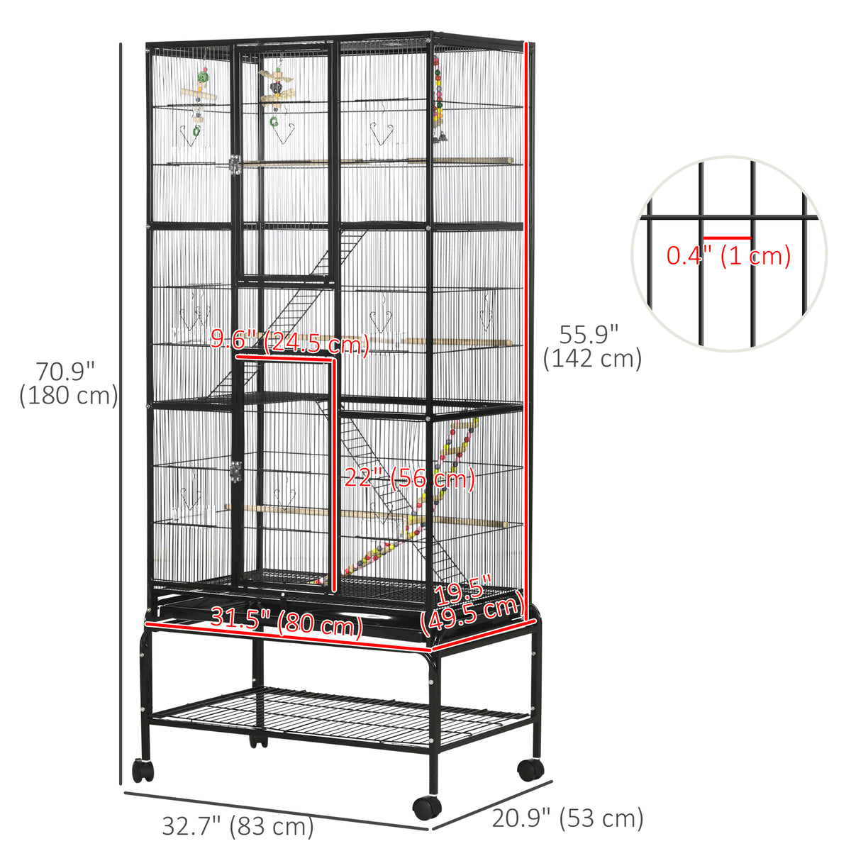 71" Large Bird Cage with Wheels, Perches & Toys - Black-Birds-DECOROLALA