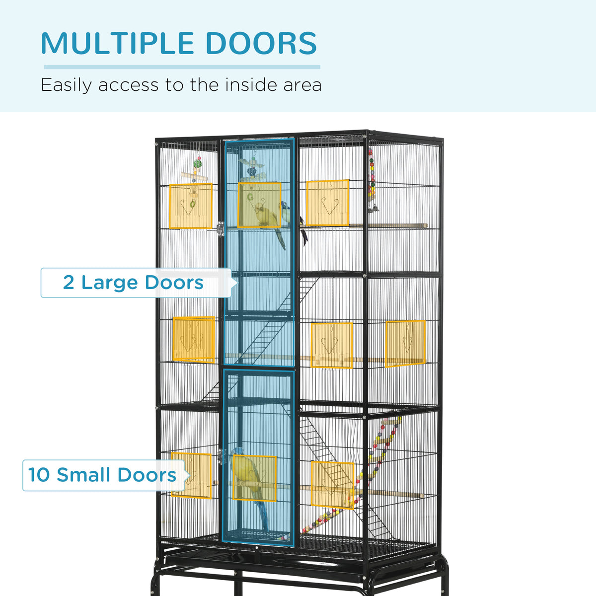 71" Large Bird Cage with Wheels, Perches & Toys - Black-Birds-DECOROLALA