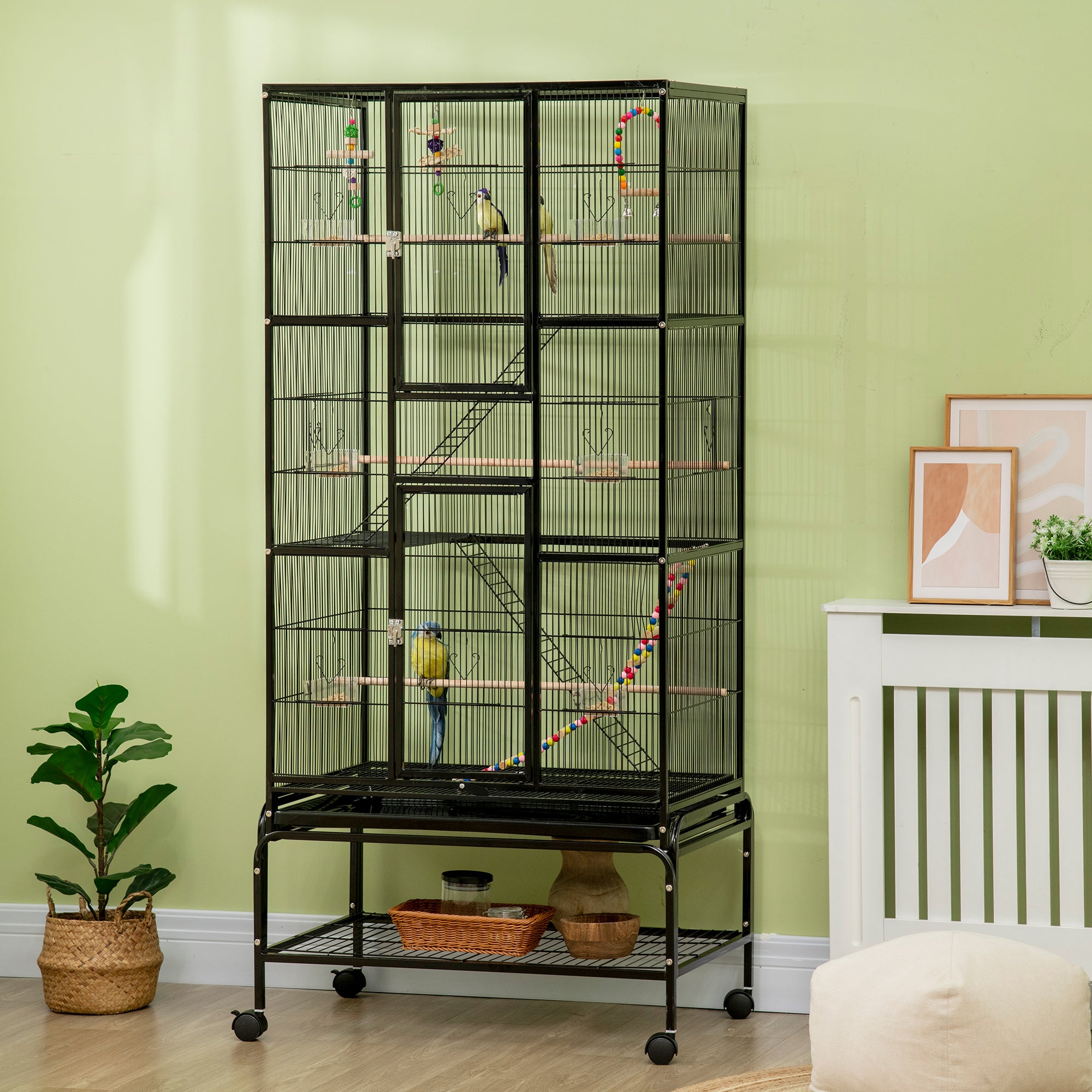 71" Large Bird Cage with Wheels, Perches & Toys - Black-Birds-DECOROLALA