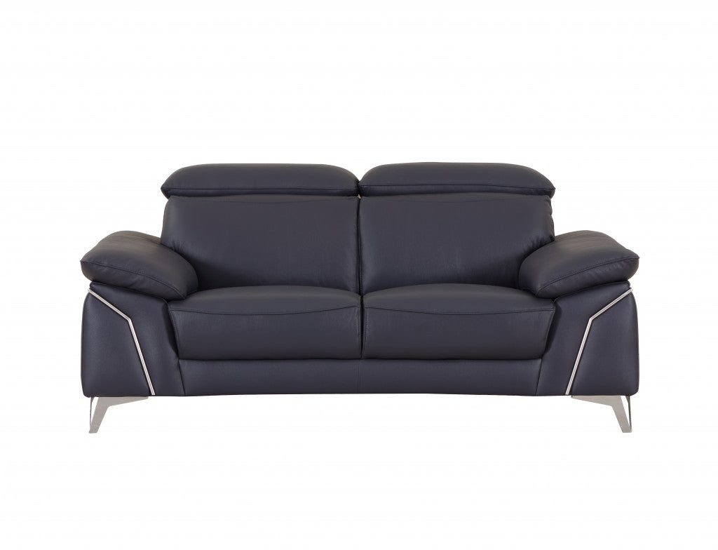 71" Navy Blue And Silver Genuine Leather Loveseat-Love Seats-DECOROLALA