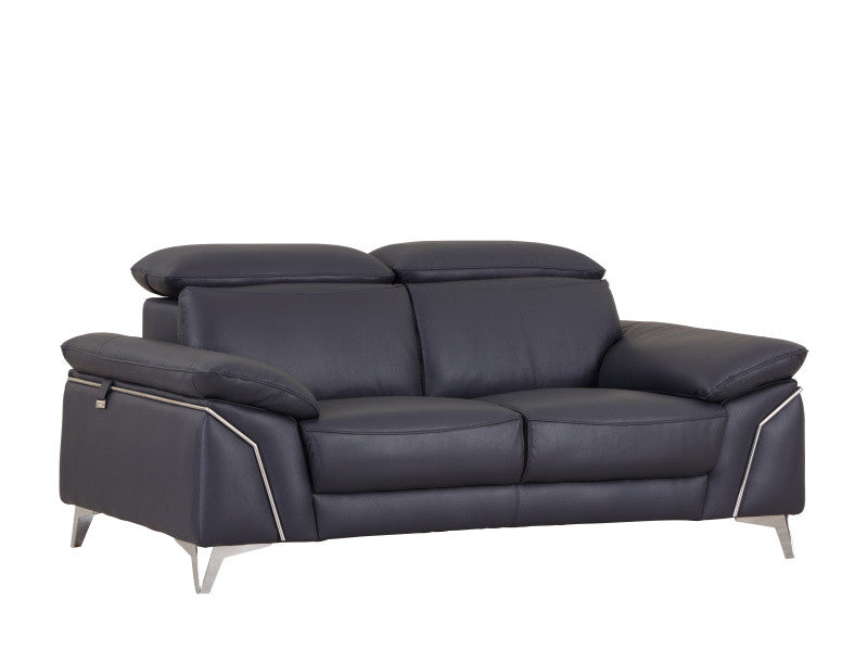 71" Navy Blue And Silver Genuine Leather Loveseat-Love Seats-DECOROLALA