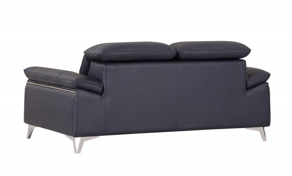 71" Navy Blue And Silver Genuine Leather Loveseat-Love Seats-DECOROLALA