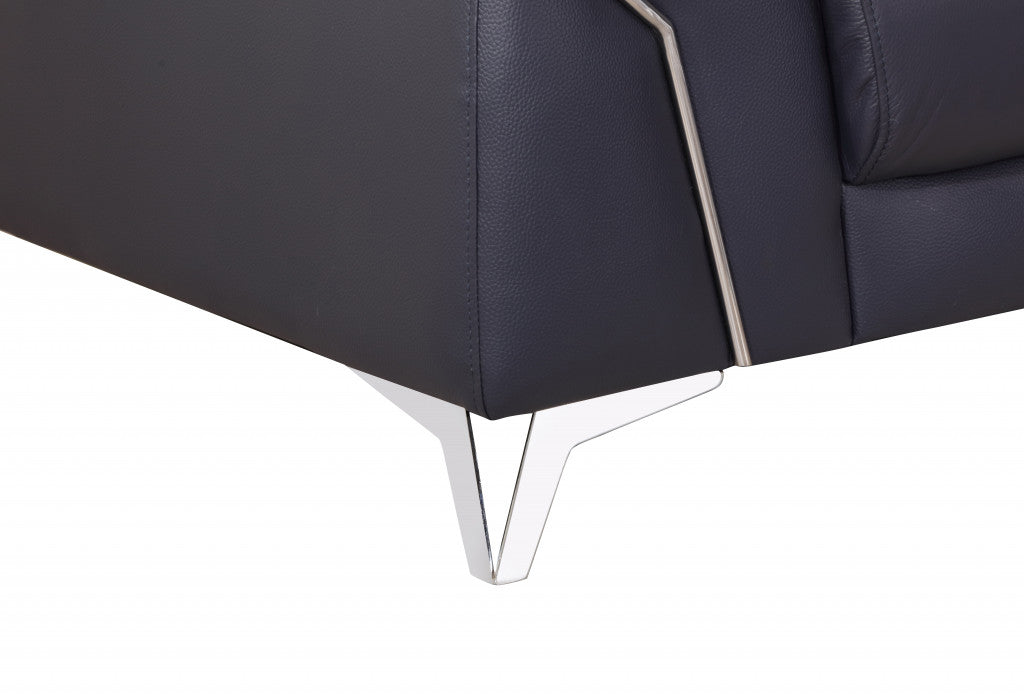 71" Navy Blue And Silver Genuine Leather Loveseat-Love Seats-DECOROLALA
