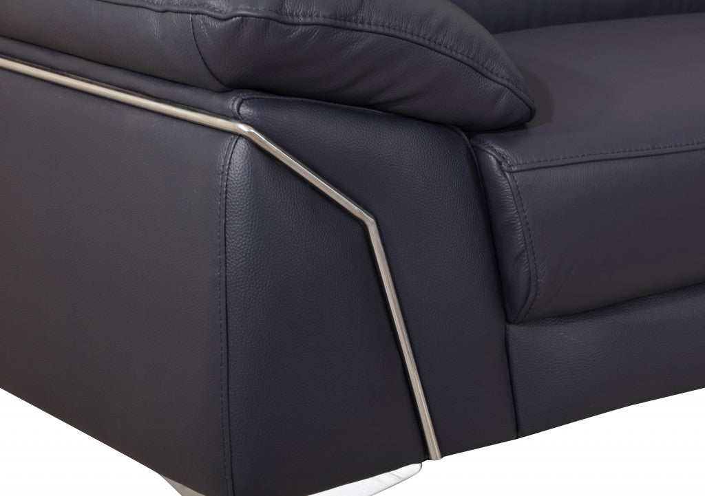 71" Navy Blue And Silver Genuine Leather Loveseat-Love Seats-DECOROLALA