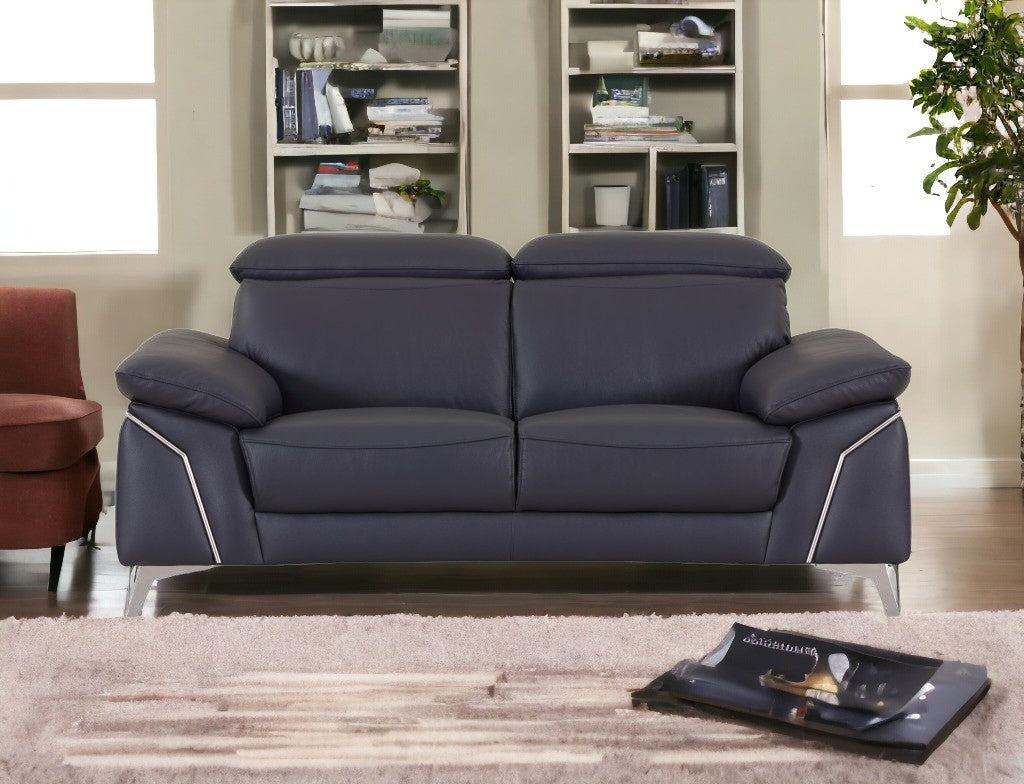 71" Navy Blue And Silver Genuine Leather Loveseat-Love Seats-DECOROLALA