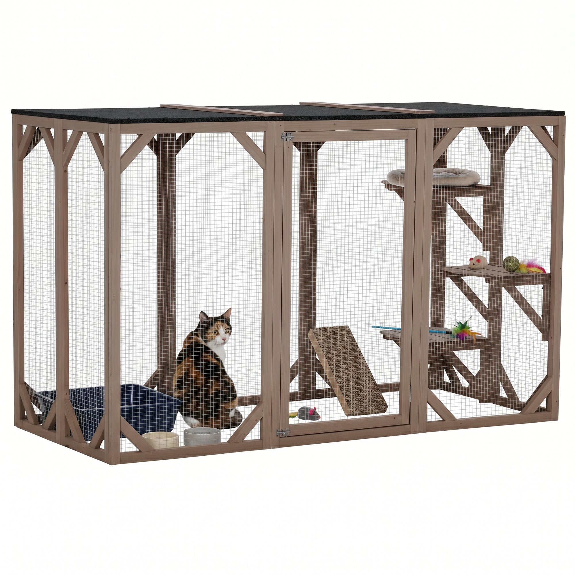 71" Outdoor Catio Enclosure - Wooden Cat Cage with Roof, Brown-Cats-DECOROLALA
