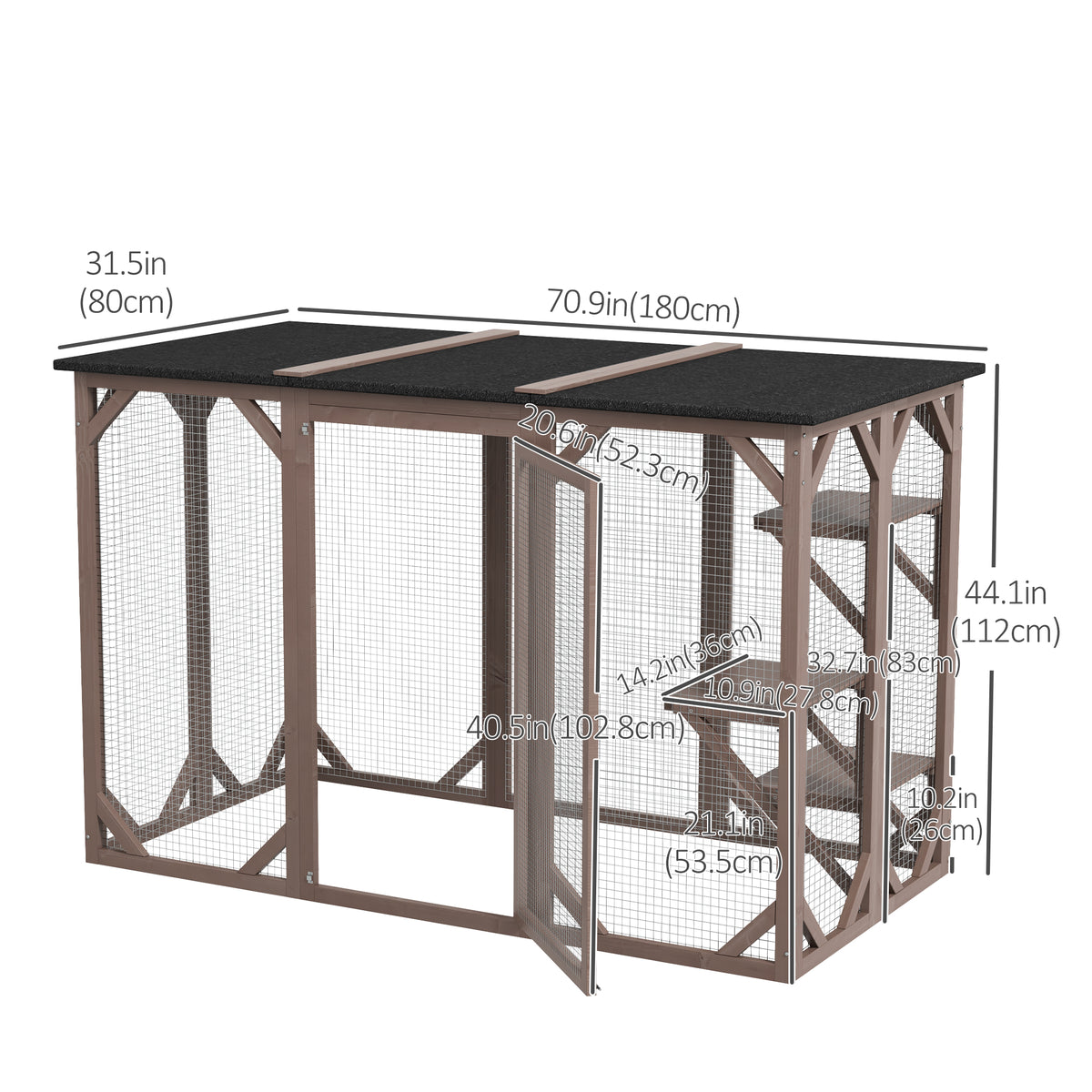 71" Outdoor Catio Enclosure - Wooden Cat Cage with Roof, Brown-Cats-DECOROLALA
