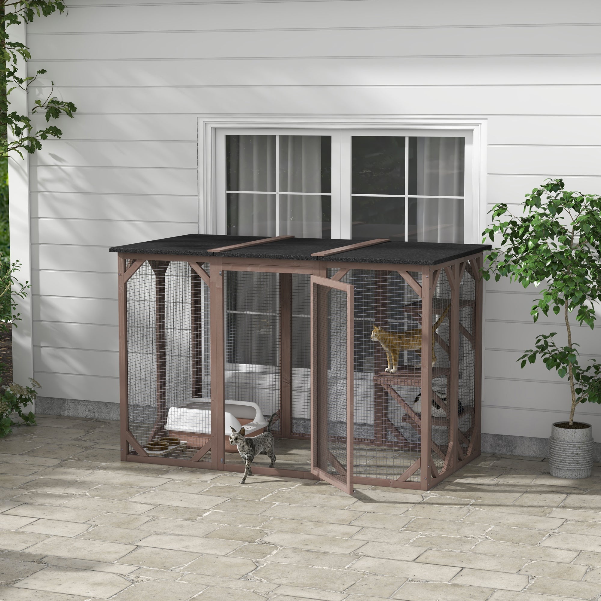 71" Outdoor Catio Enclosure - Wooden Cat Cage with Roof, Brown-Cats-DECOROLALA