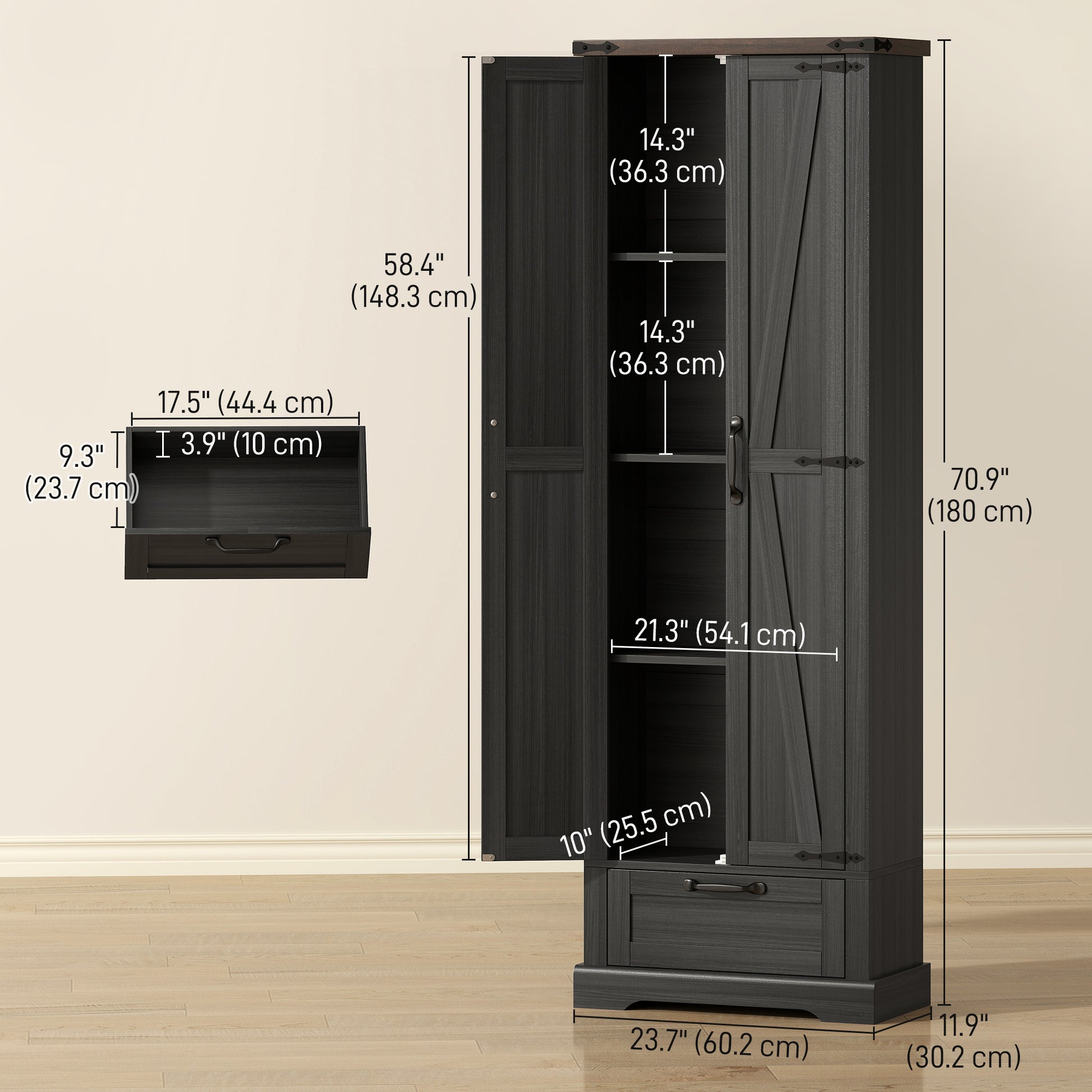 71" Pantry Cabinet - Black Kitchen Storage with Adjustable Shelves, 2 Doors, Drawer-DECOROLALA