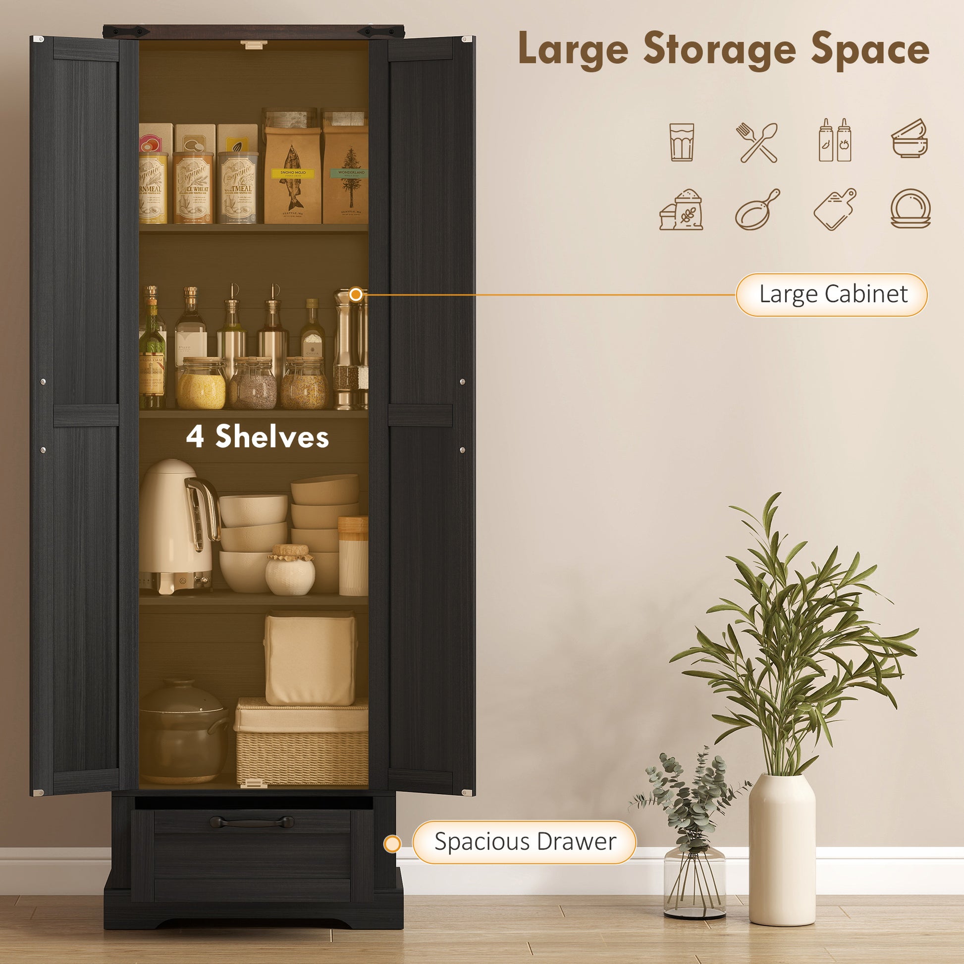 71" Pantry Cabinet - Black Kitchen Storage with Adjustable Shelves, 2 Doors, Drawer-DECOROLALA