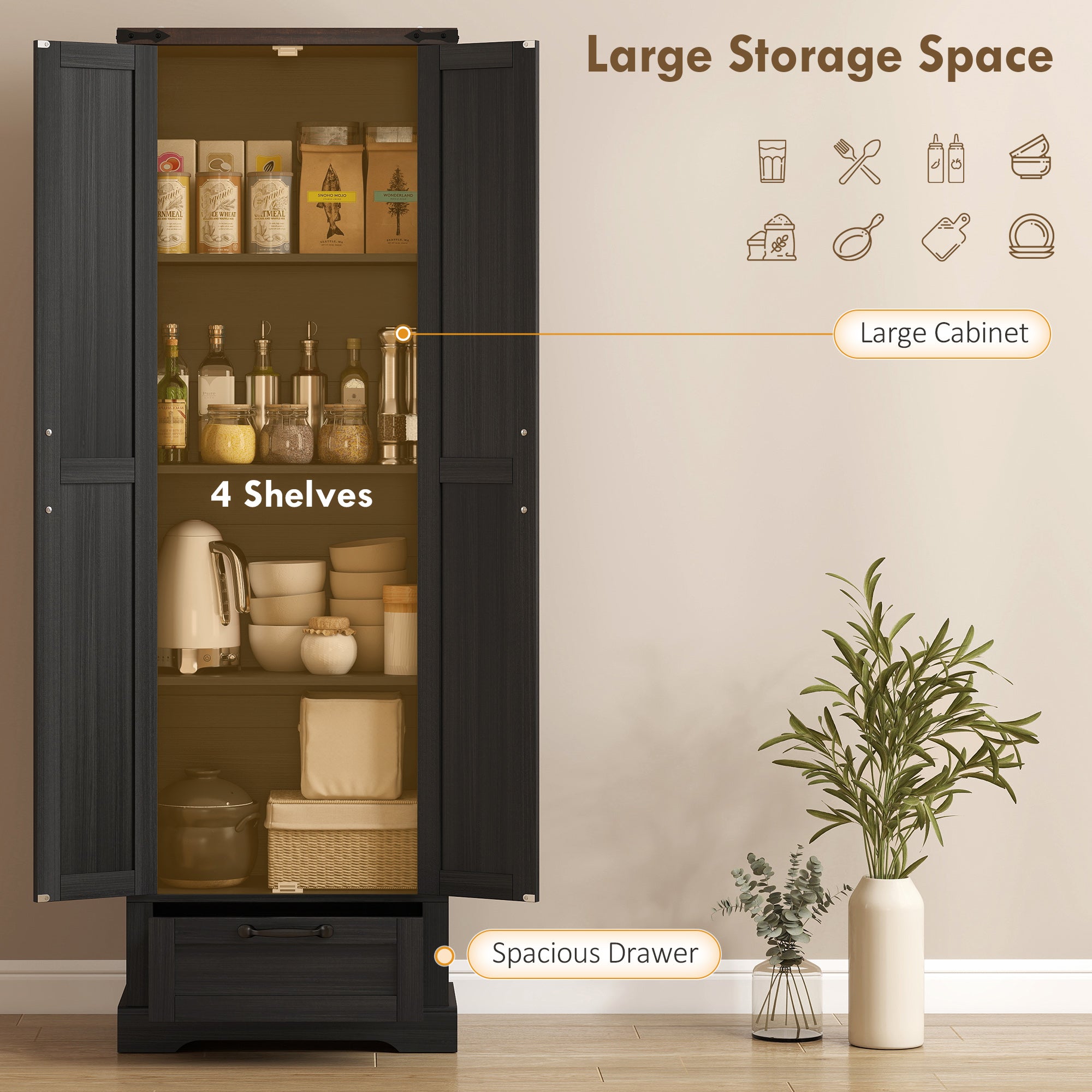 71" Pantry Cabinet - Black Kitchen Storage with Adjustable Shelves, 2 Doors, Drawer-DECOROLALA
