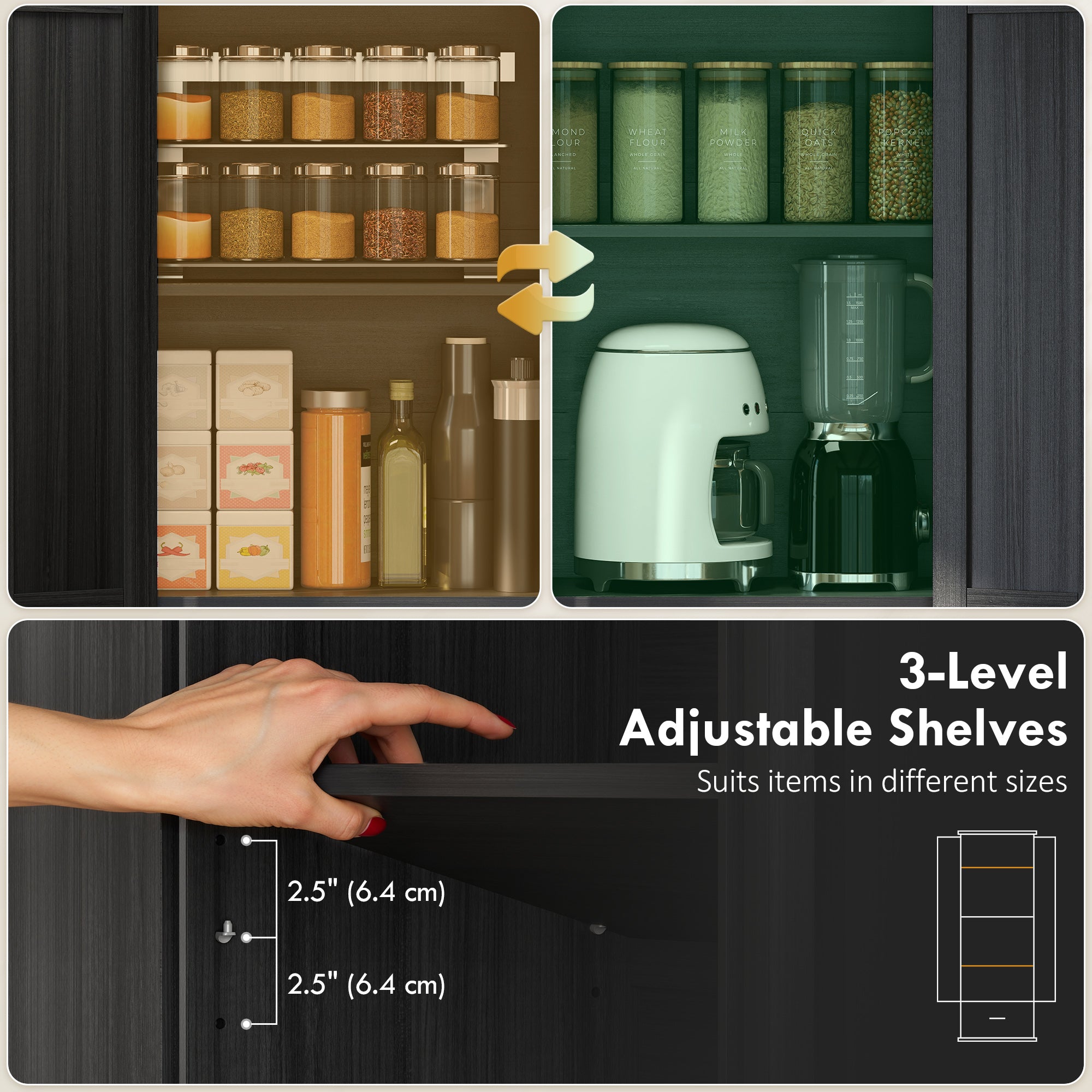 71" Pantry Cabinet - Black Kitchen Storage with Adjustable Shelves, 2 Doors, Drawer-DECOROLALA