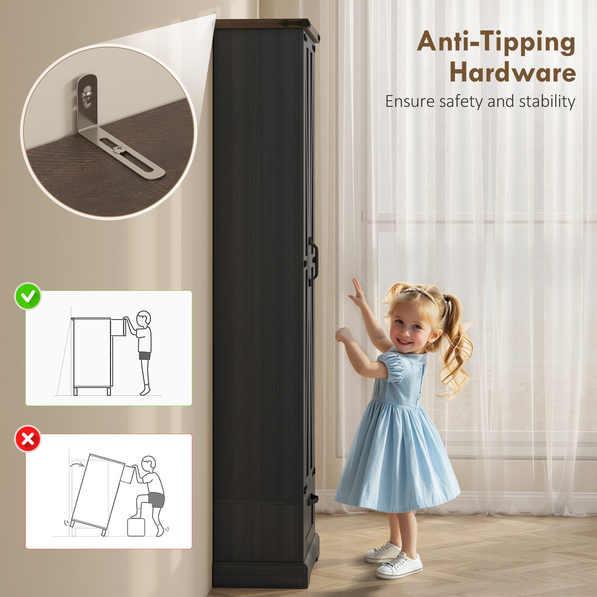 71" Pantry Cabinet - Black Kitchen Storage with Adjustable Shelves, 2 Doors, Drawer-DECOROLALA
