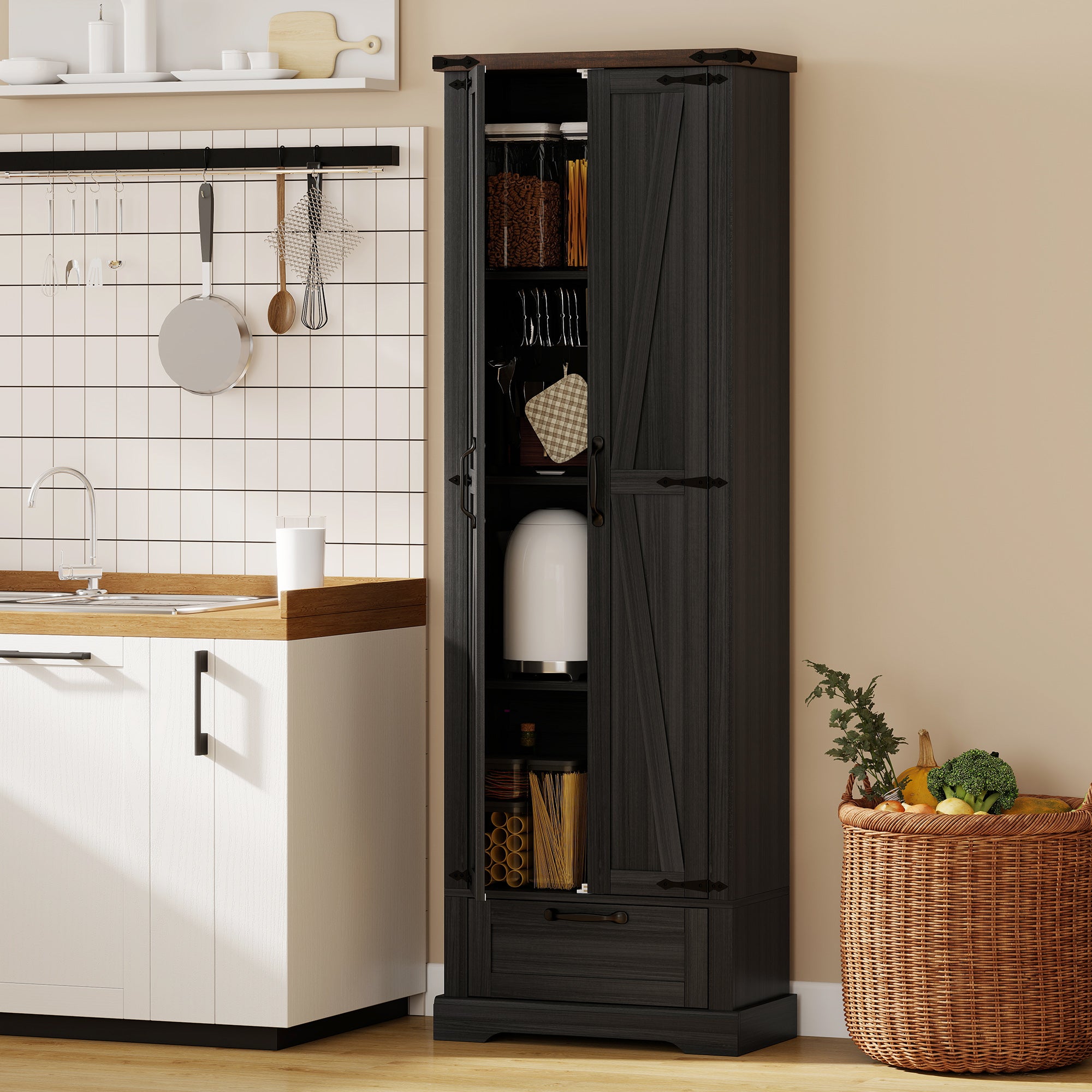 71" Pantry Cabinet - Black Kitchen Storage with Adjustable Shelves, 2 Doors, Drawer-DECOROLALA