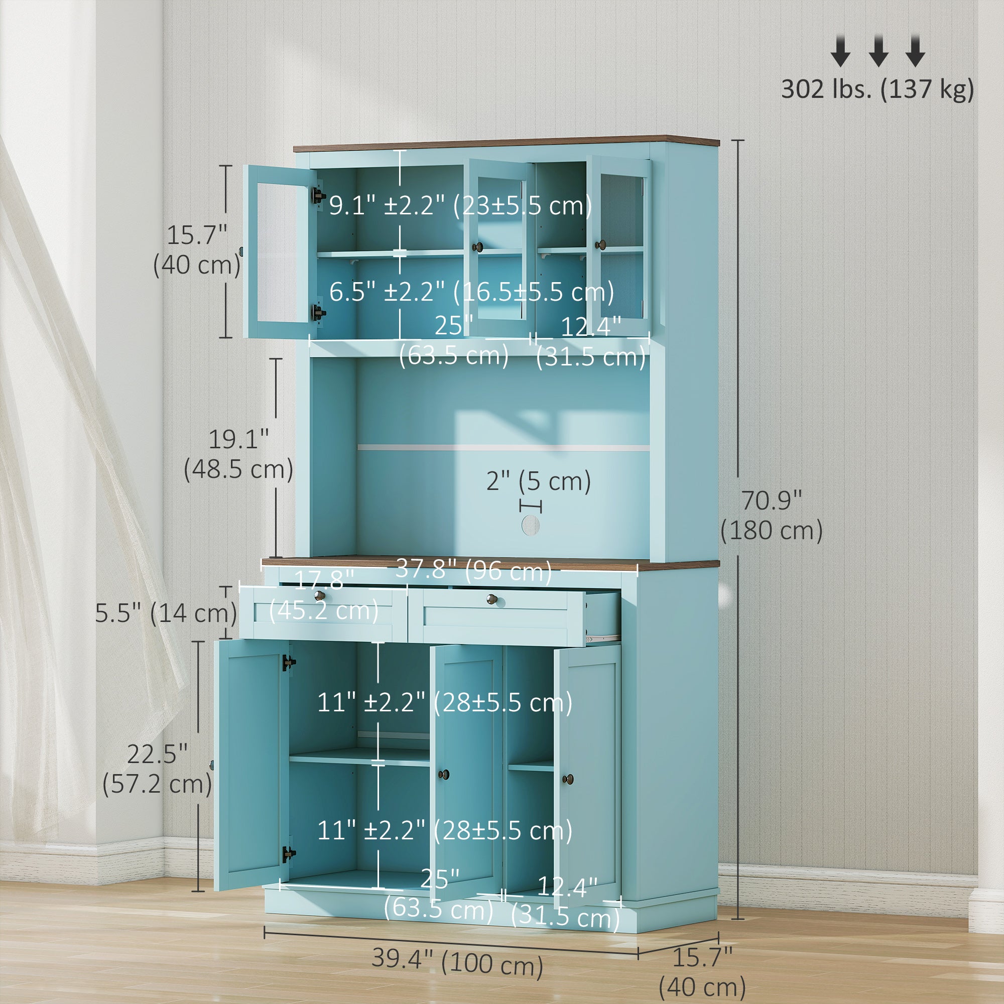 71" Pantry Cabinet - Blue with Microwave Space, 2 Drawers, Adjustable Shelves-DECOROLALA