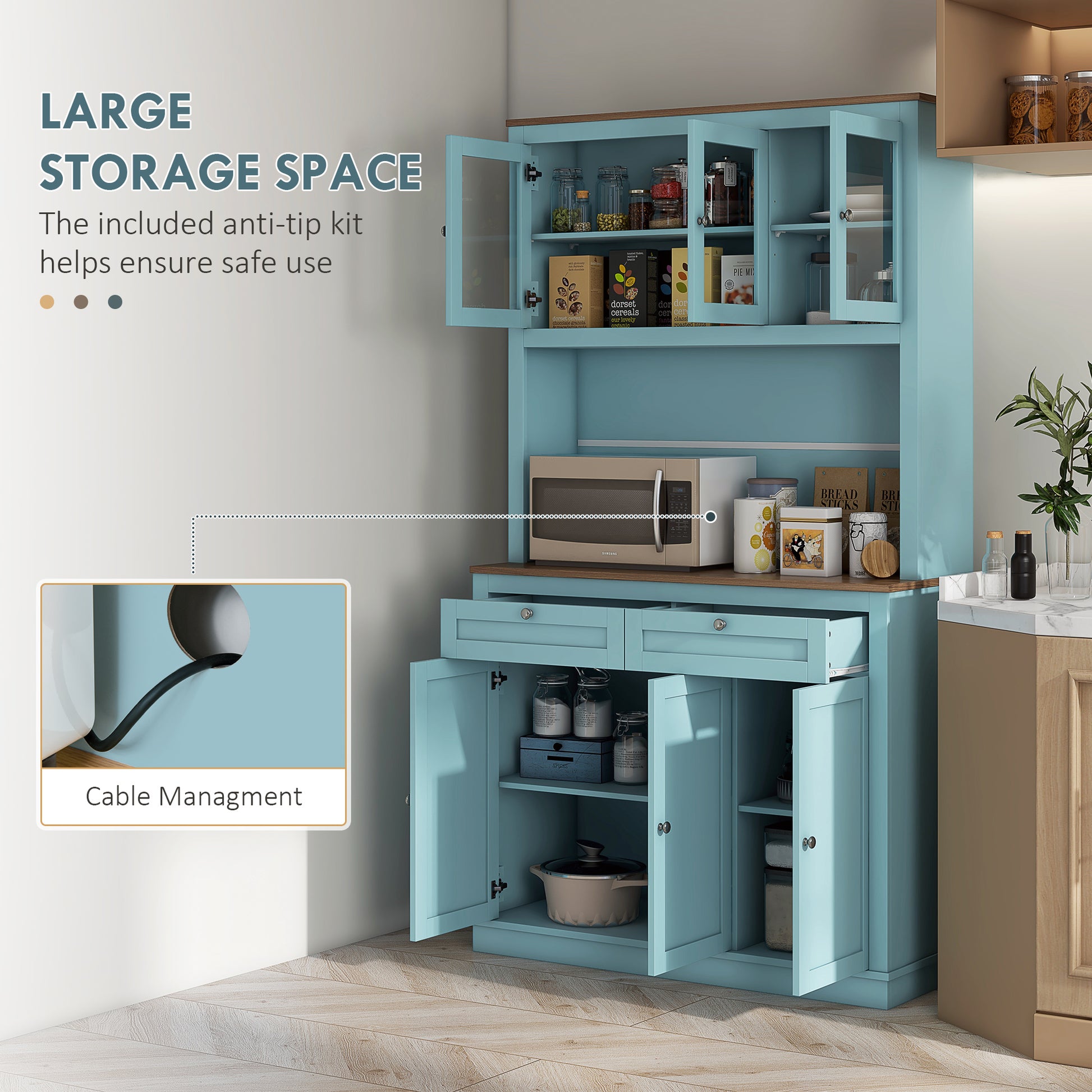 71" Pantry Cabinet - Blue with Microwave Space, 2 Drawers, Adjustable Shelves-DECOROLALA