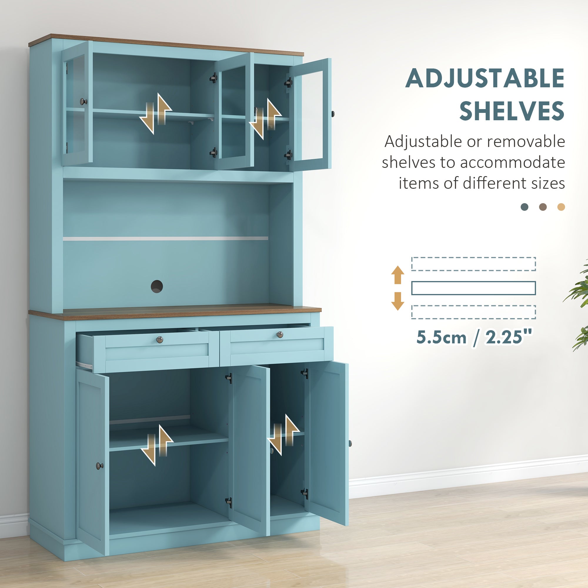 71" Pantry Cabinet - Blue with Microwave Space, 2 Drawers, Adjustable Shelves-DECOROLALA