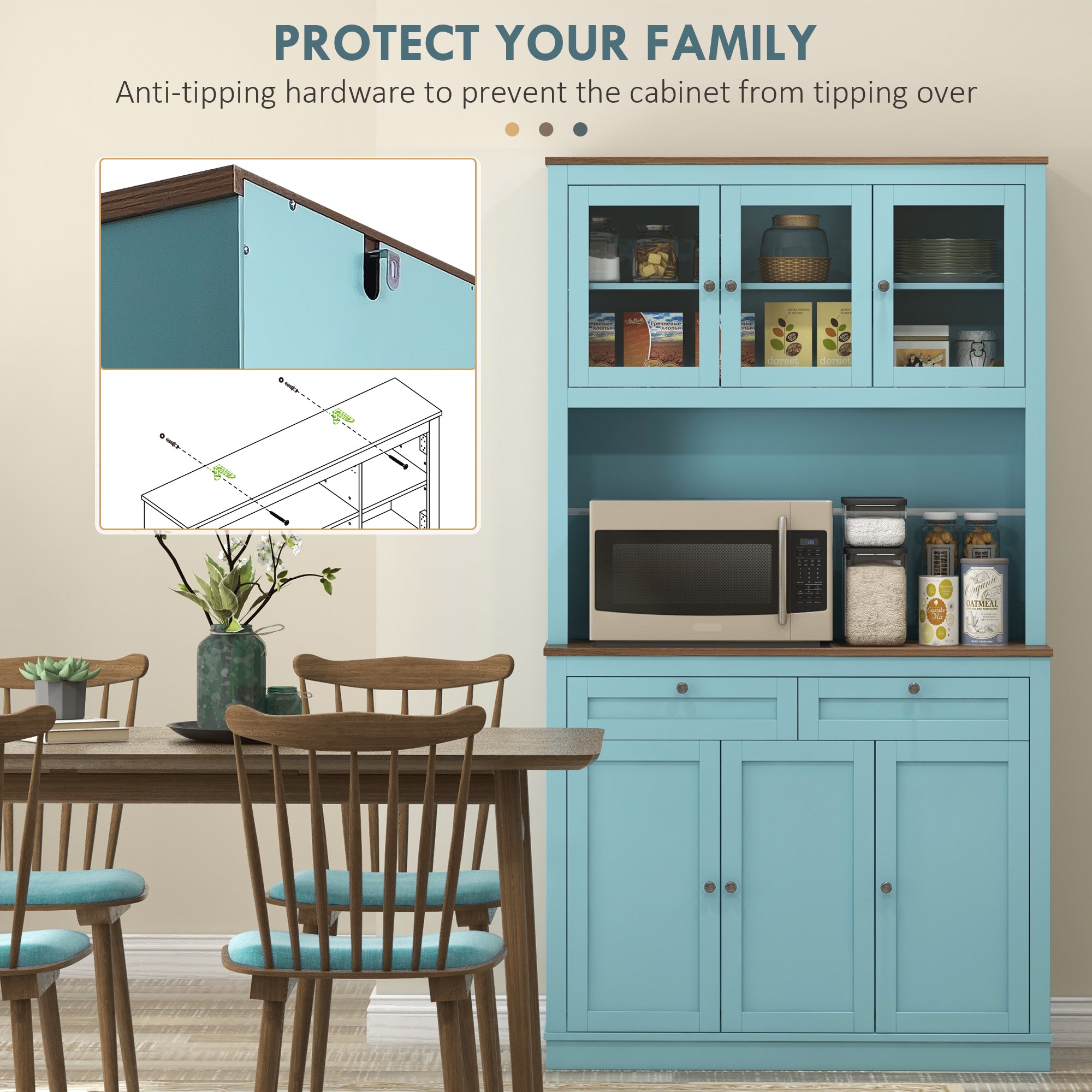71" Pantry Cabinet - Blue with Microwave Space, 2 Drawers, Adjustable Shelves-DECOROLALA