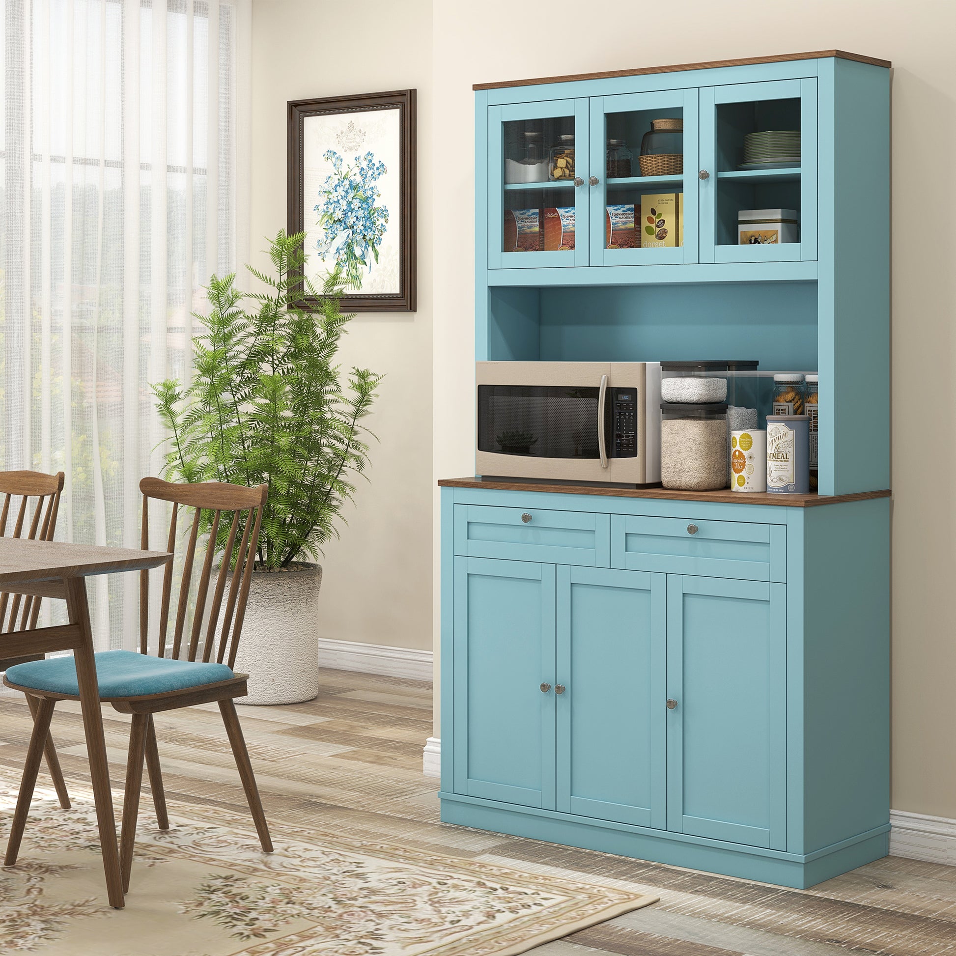 71" Pantry Cabinet - Blue with Microwave Space, 2 Drawers, Adjustable Shelves-DECOROLALA