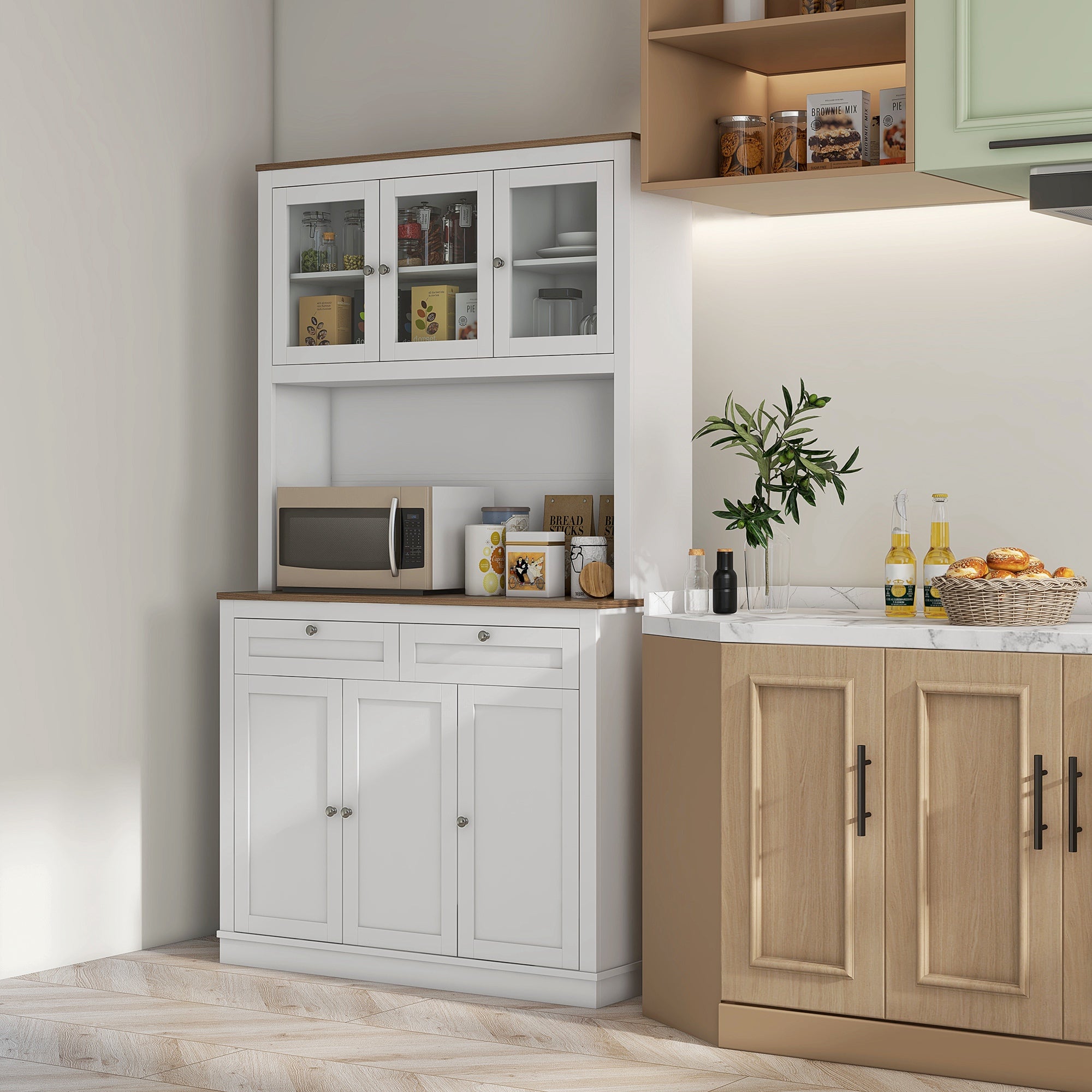 71" Pantry Cabinet - Buffet with Hutch, Glass Doors, 2 Drawers, Adjustable Shelves, White-DECOROLALA