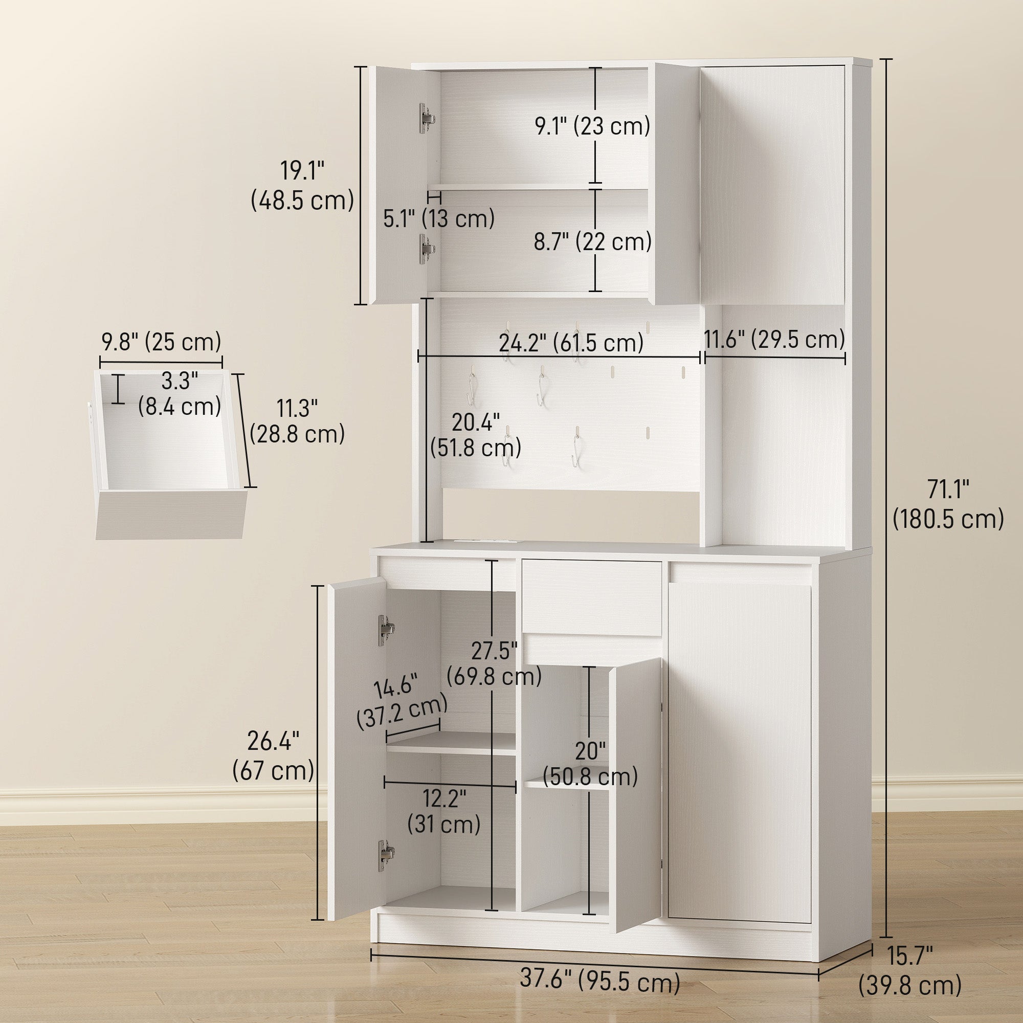 71" Pantry Cabinet, Charging Station, Kitchen Storage, Microwave Stand, Pegboard, White-DECOROLALA