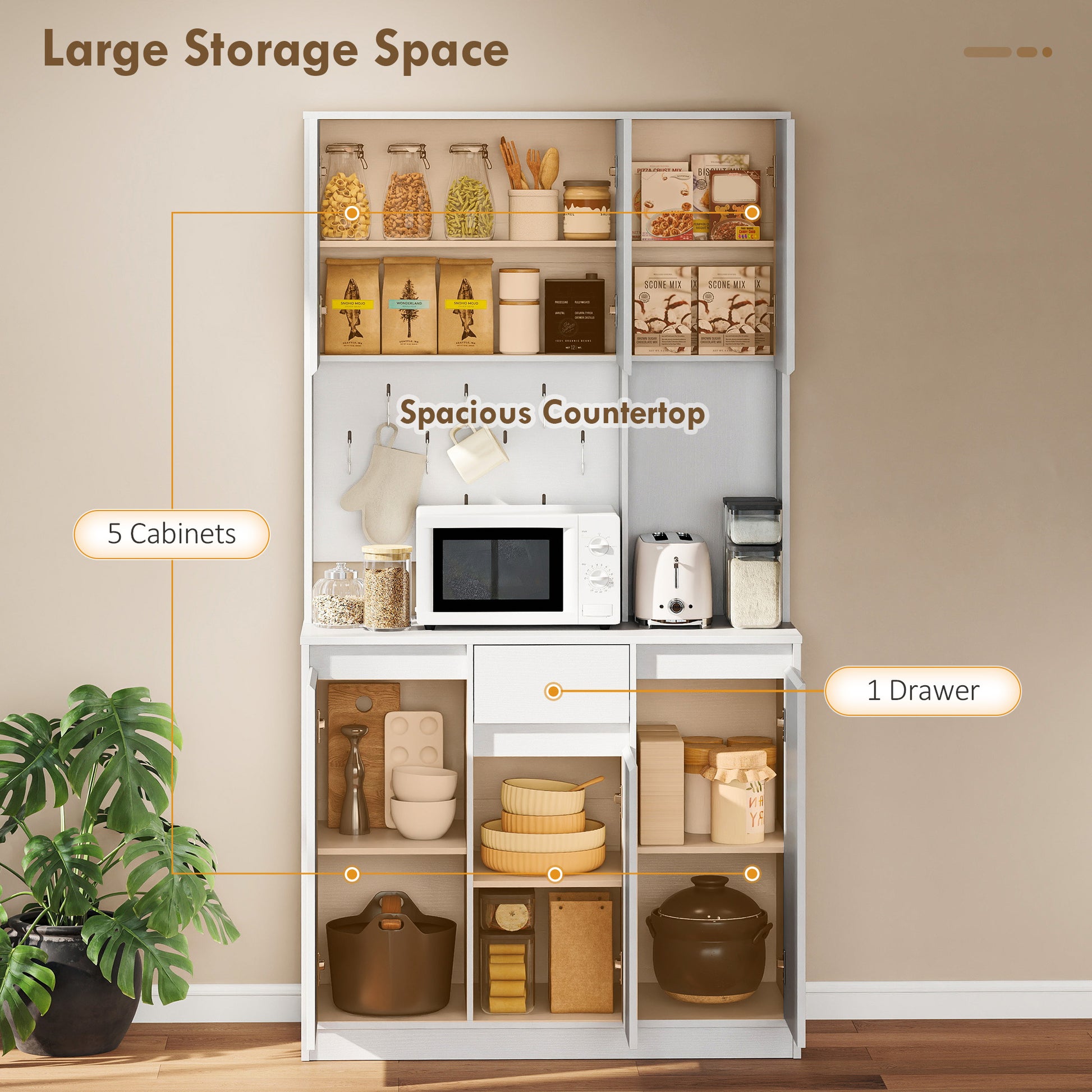 71" Pantry Cabinet, Charging Station, Kitchen Storage, Microwave Stand, Pegboard, White-DECOROLALA