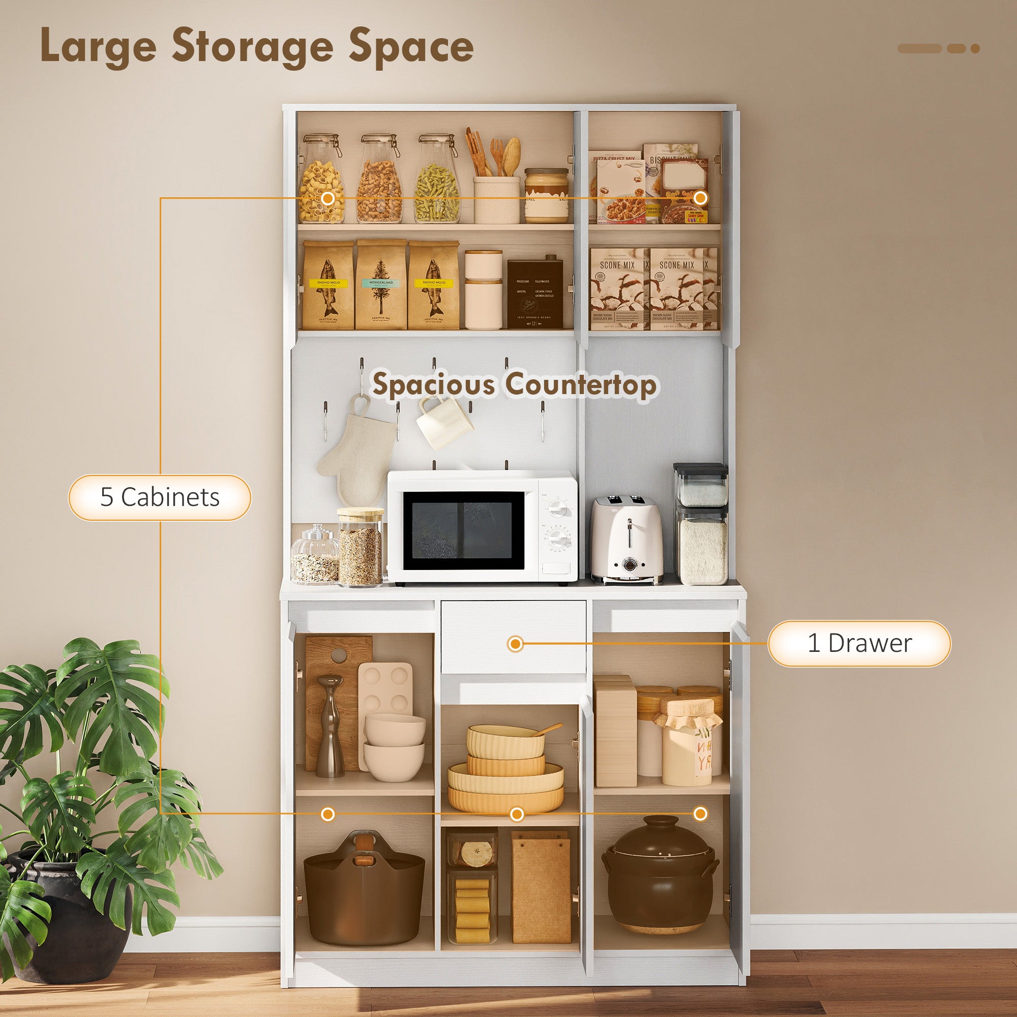 71" Pantry Cabinet, Charging Station, Kitchen Storage, Microwave Stand, Pegboard, White-DECOROLALA