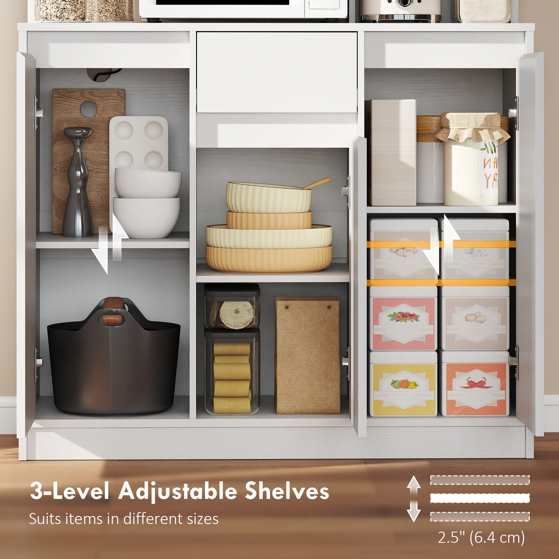 71" Pantry Cabinet, Charging Station, Kitchen Storage, Microwave Stand, Pegboard, White-DECOROLALA