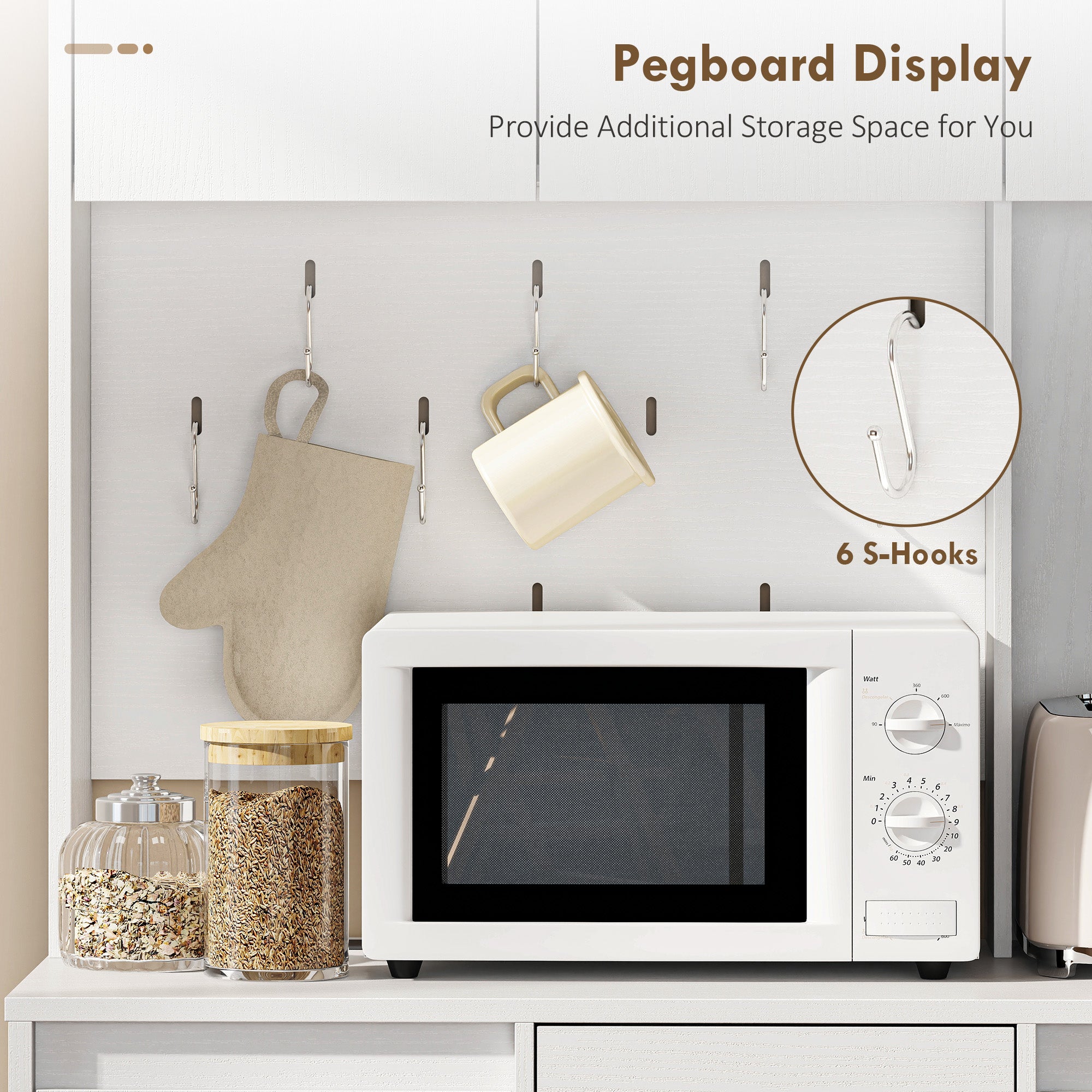 71" Pantry Cabinet, Charging Station, Kitchen Storage, Microwave Stand, Pegboard, White-DECOROLALA
