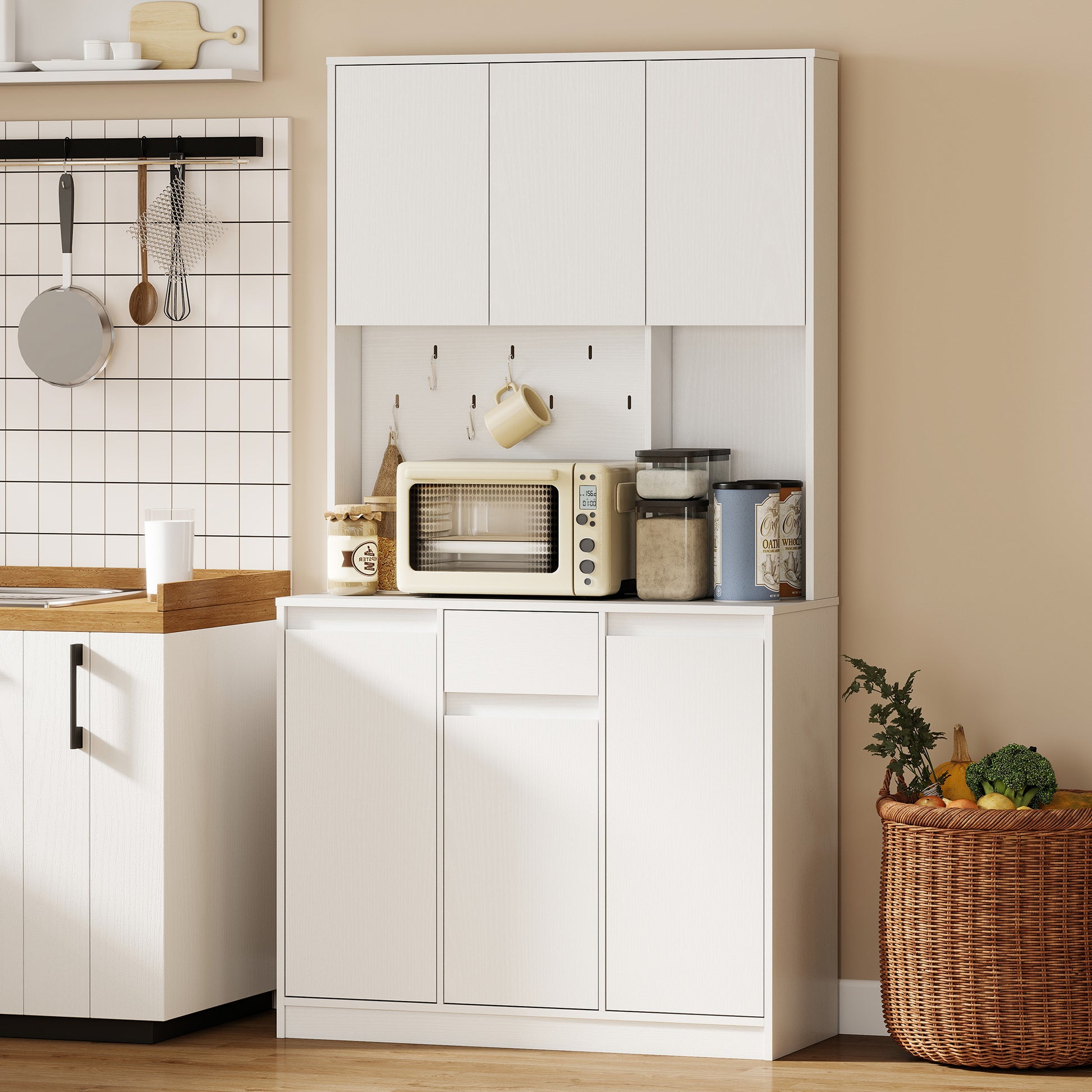 71" Pantry Cabinet, Charging Station, Kitchen Storage, Microwave Stand, Pegboard, White-DECOROLALA