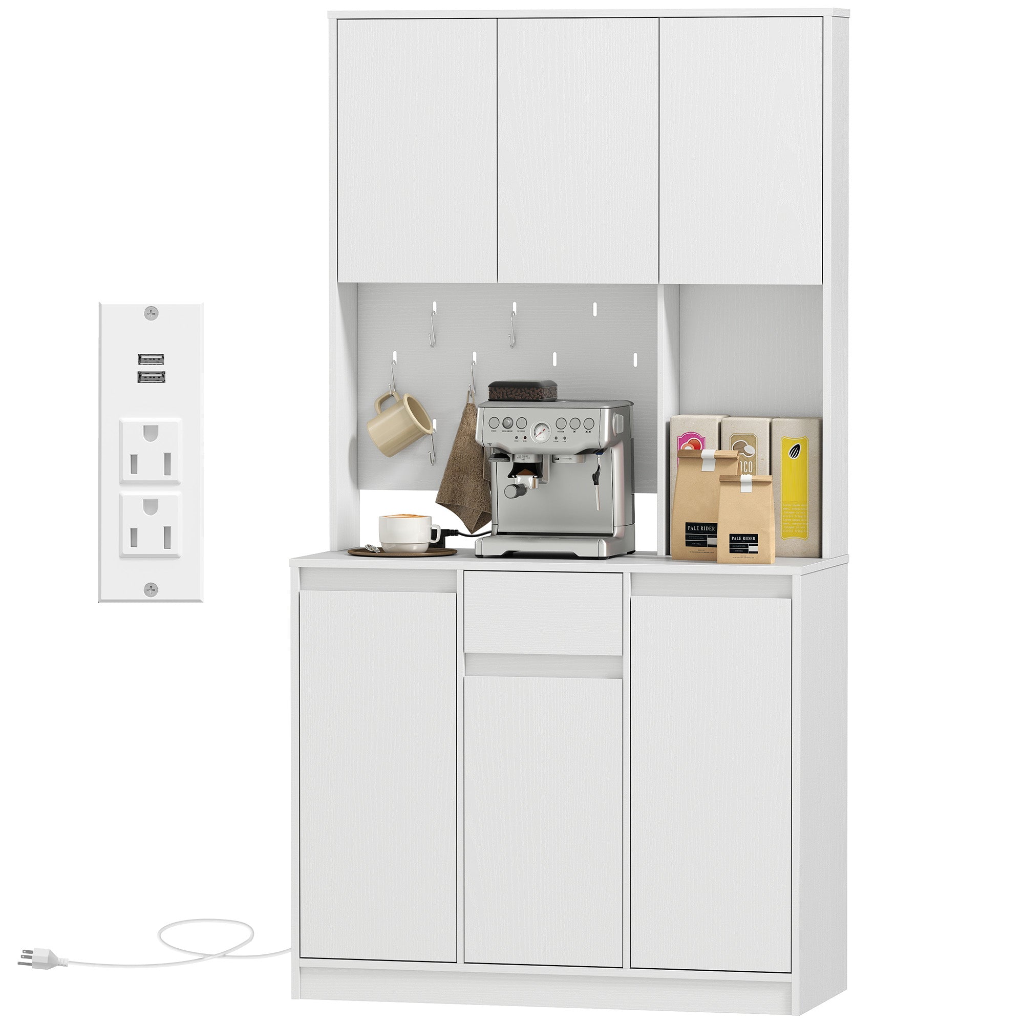71" Pantry Cabinet, Charging Station, Kitchen Storage, Microwave Stand, Pegboard, White-DECOROLALA
