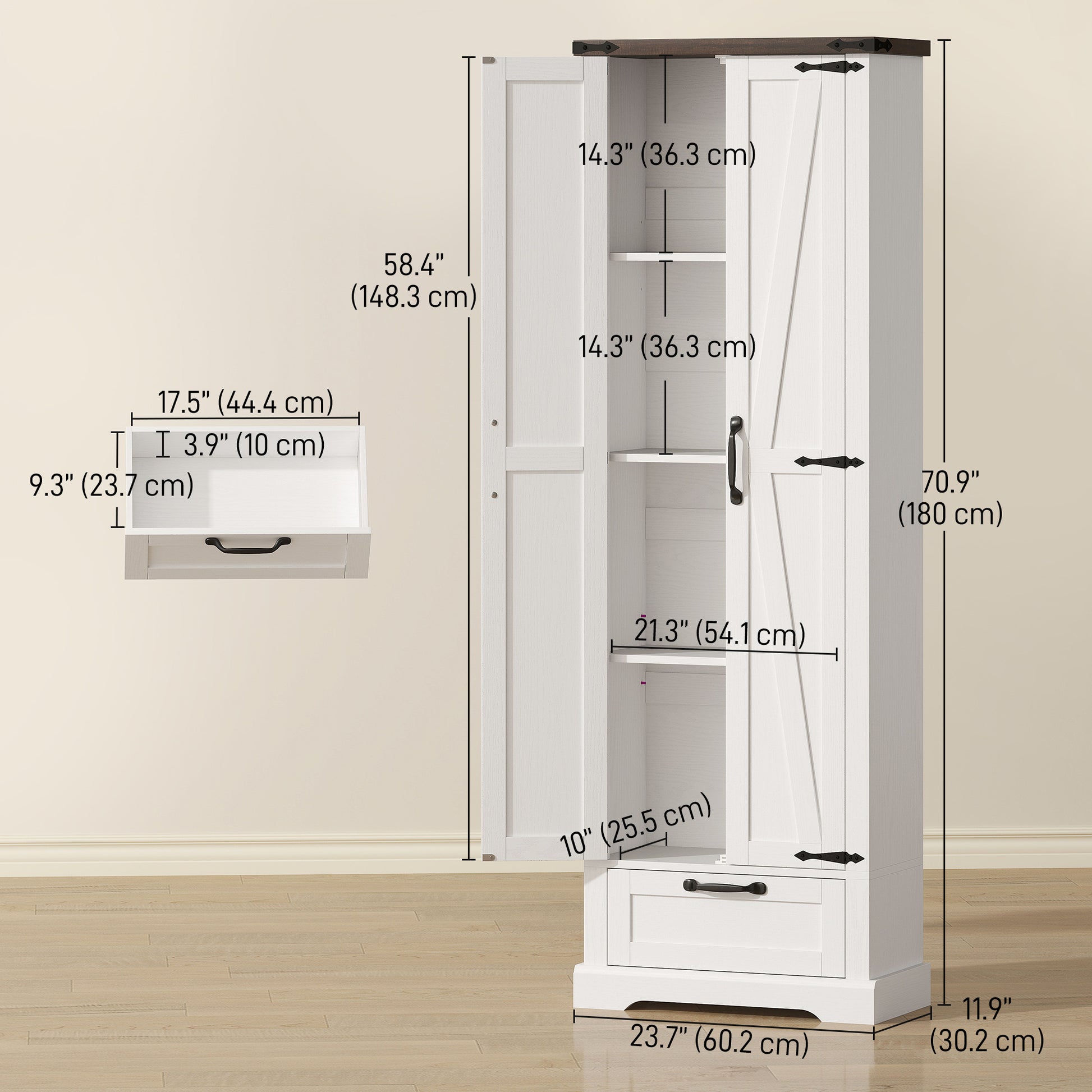71" Pantry Cabinet - Kitchen Storage with Adjustable Shelves, 2 Doors & Drawer, White-DECOROLALA
