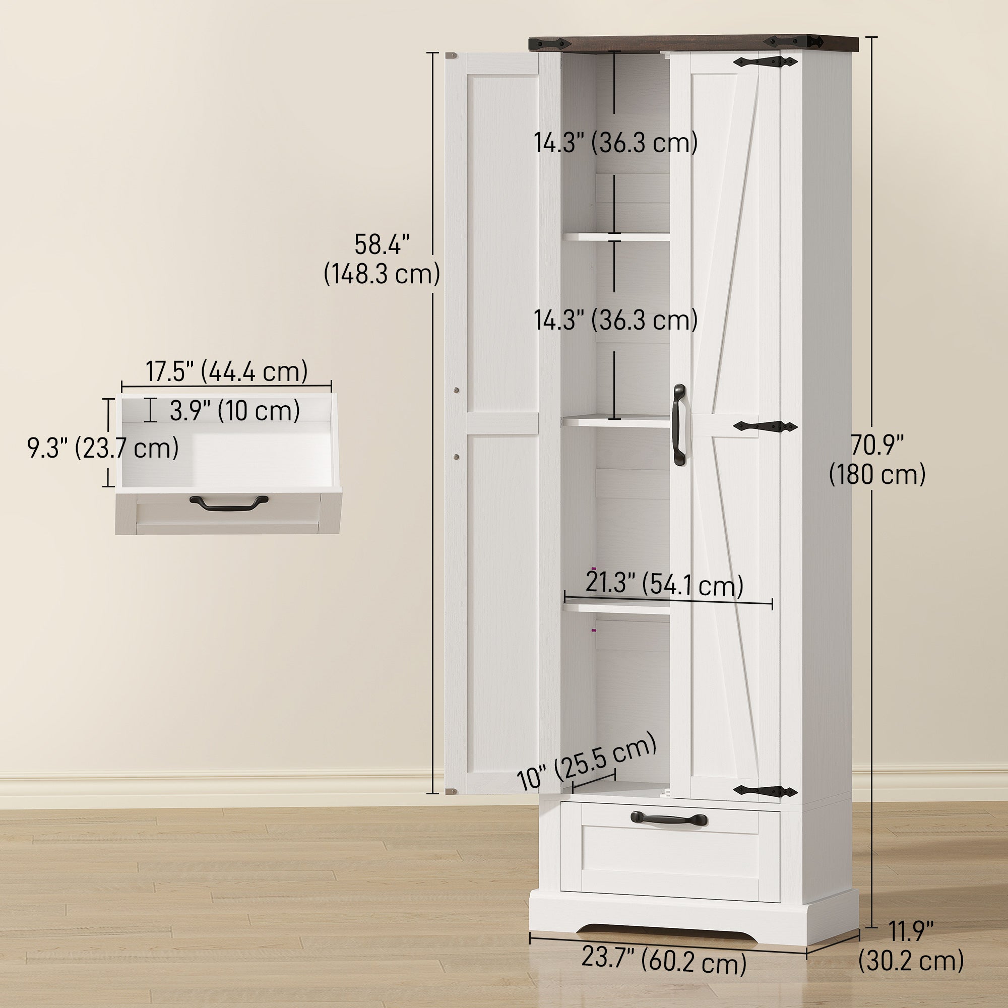 71" Pantry Cabinet - Kitchen Storage with Adjustable Shelves, 2 Doors & Drawer, White-DECOROLALA
