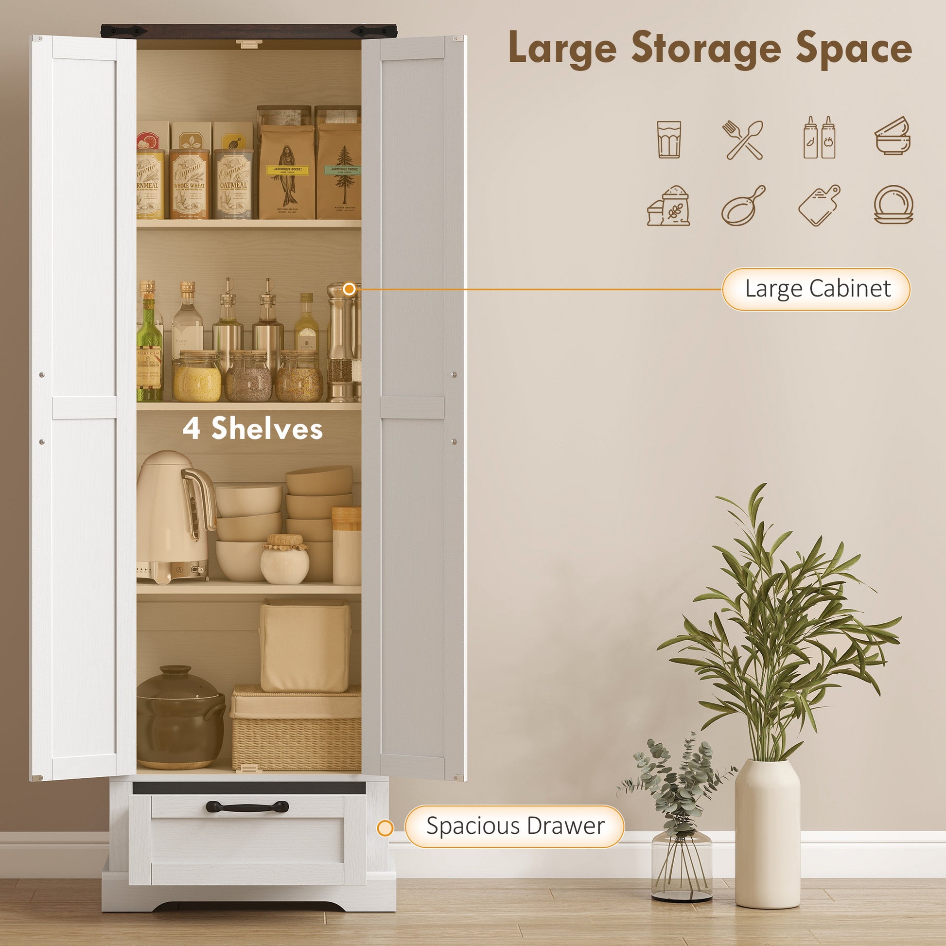 71" Pantry Cabinet - Kitchen Storage with Adjustable Shelves, 2 Doors & Drawer, White-DECOROLALA