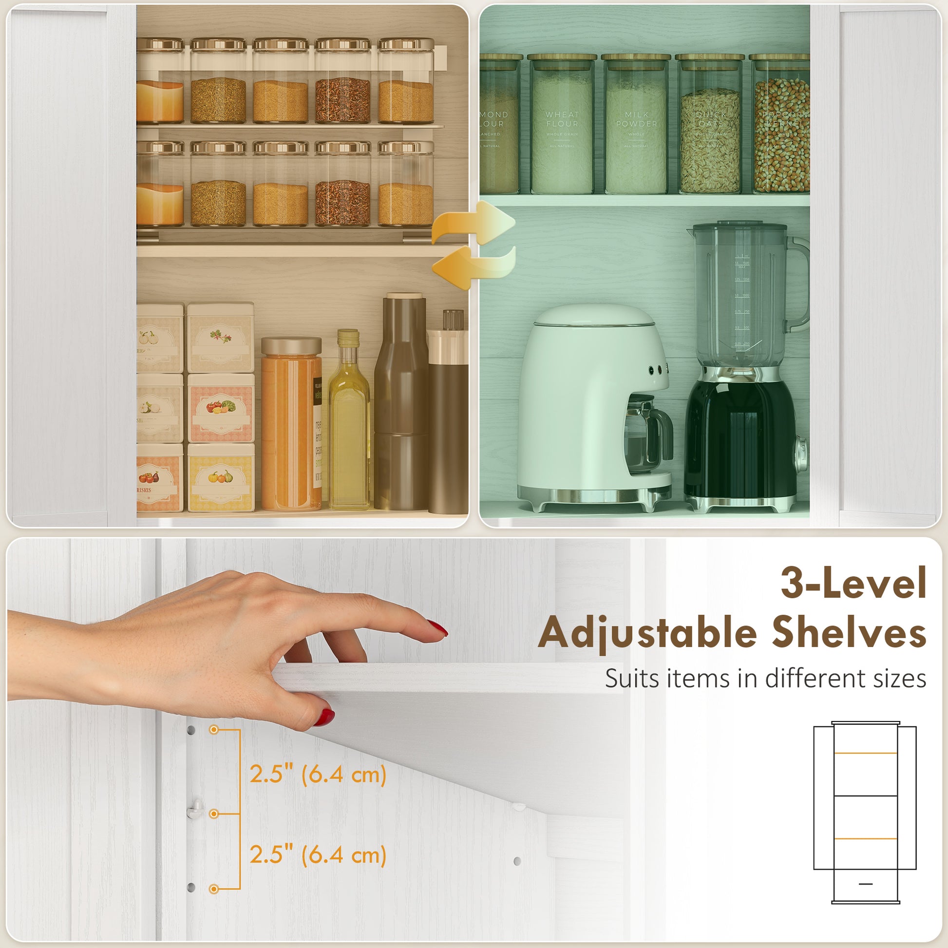 71" Pantry Cabinet - Kitchen Storage with Adjustable Shelves, 2 Doors & Drawer, White-DECOROLALA