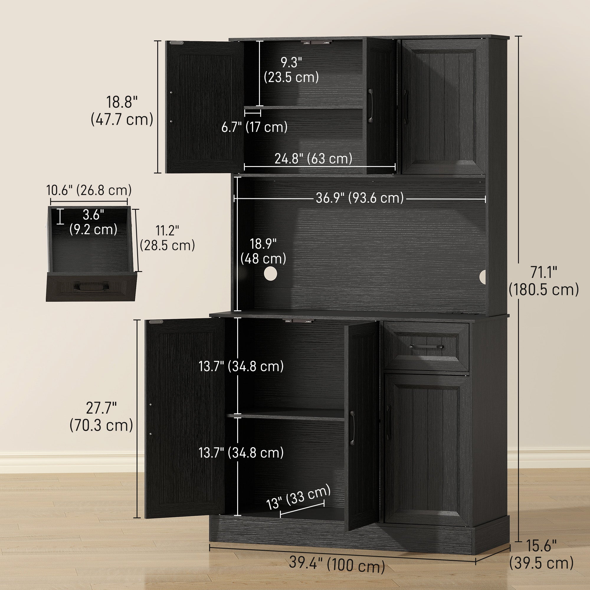 71" Pantry Cabinet with Charging, Black Kitchen Storage-DECOROLALA