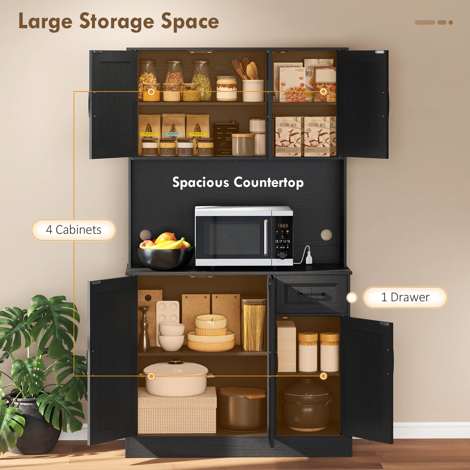 71" Pantry Cabinet with Charging, Black Kitchen Storage-DECOROLALA