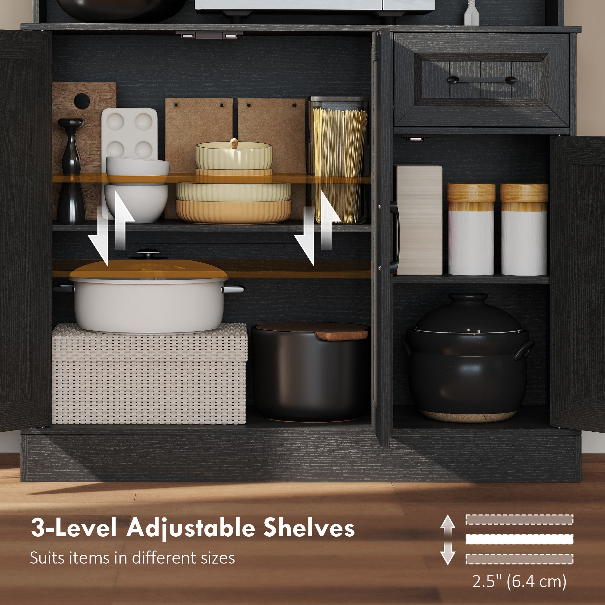 71" Pantry Cabinet with Charging, Black Kitchen Storage-DECOROLALA