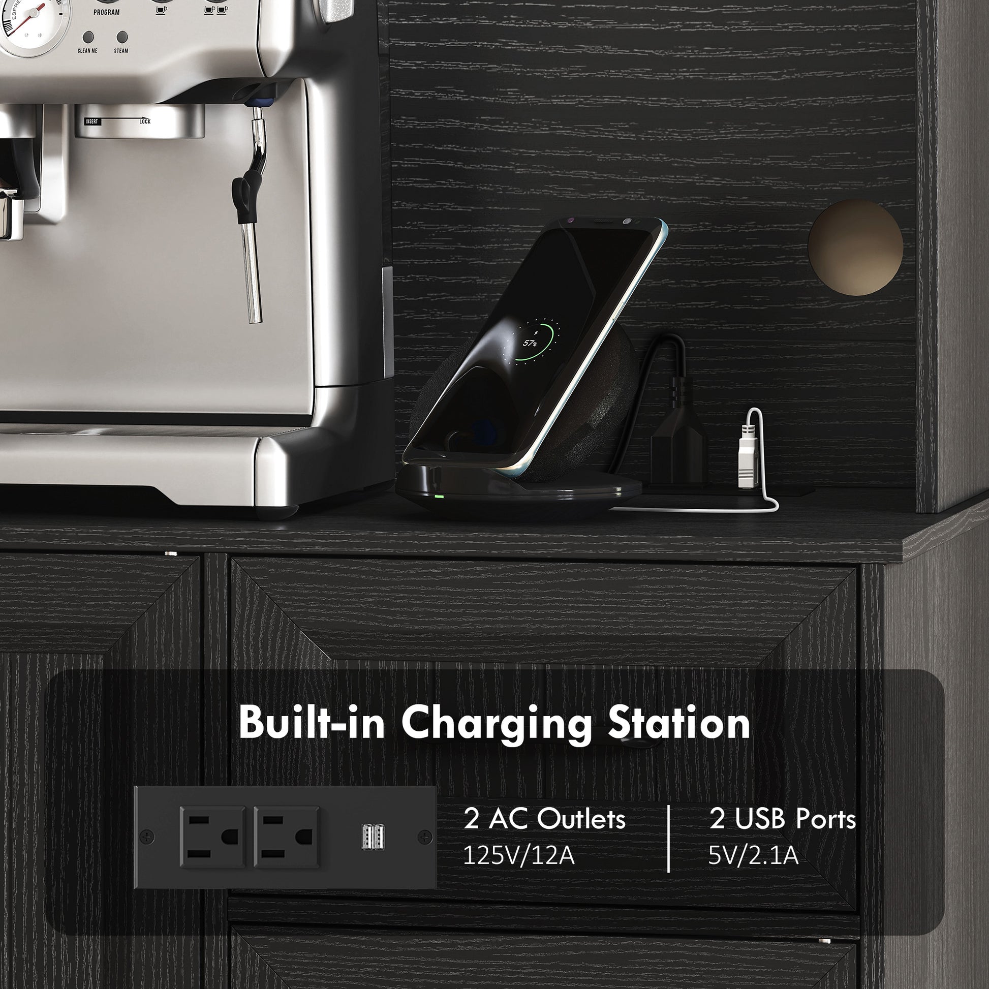 71" Pantry Cabinet with Charging, Black Kitchen Storage-DECOROLALA