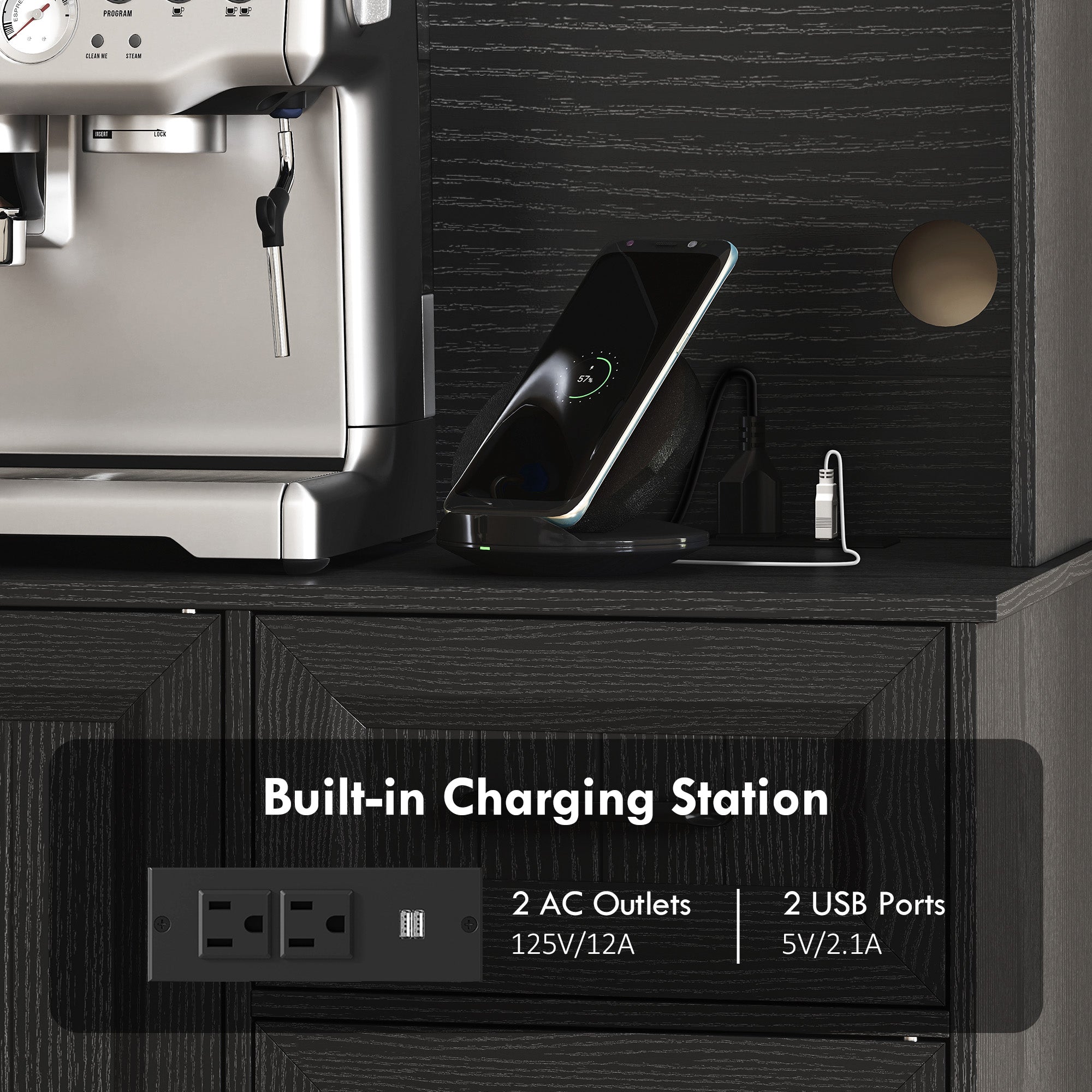 71" Pantry Cabinet with Charging, Black Kitchen Storage-DECOROLALA