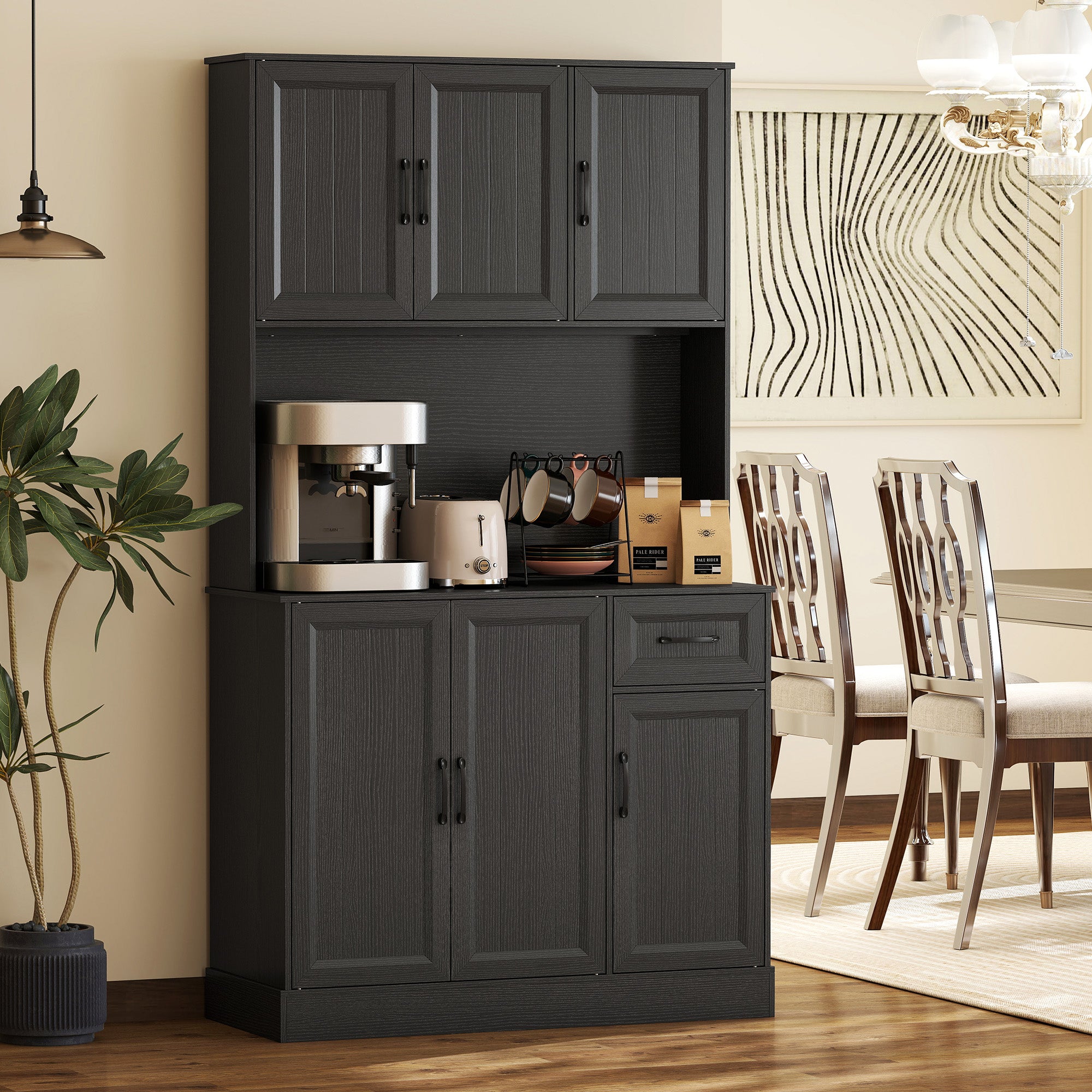 71" Pantry Cabinet with Charging, Black Kitchen Storage-DECOROLALA