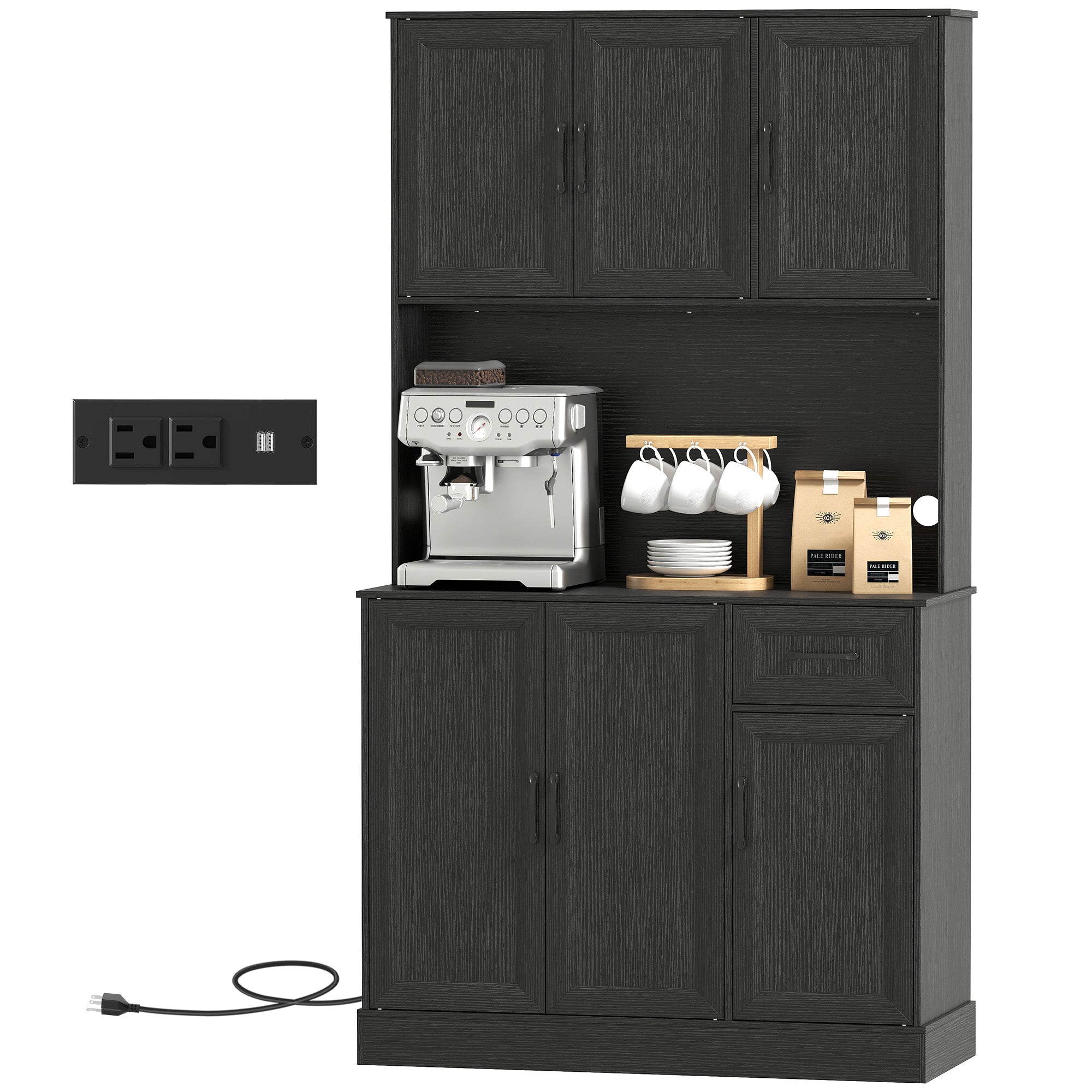 71" Pantry Cabinet with Charging, Black Kitchen Storage-DECOROLALA